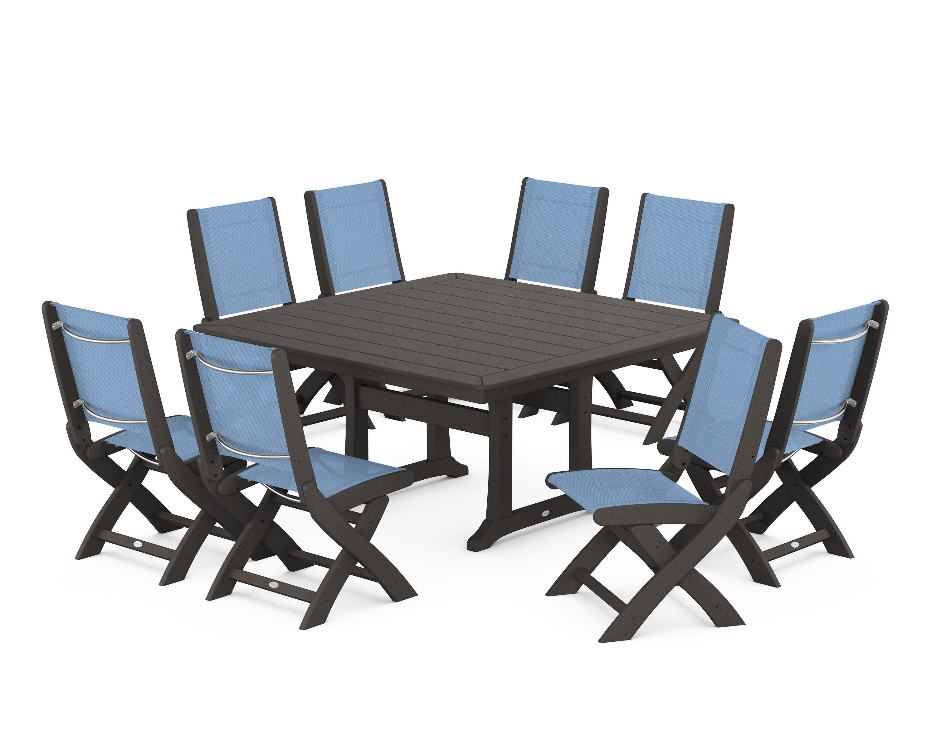 Coastal Folding Side Chair 9-Piece Dining Set with Trestle Legs in Vintage Coffee / Poolside Sling
