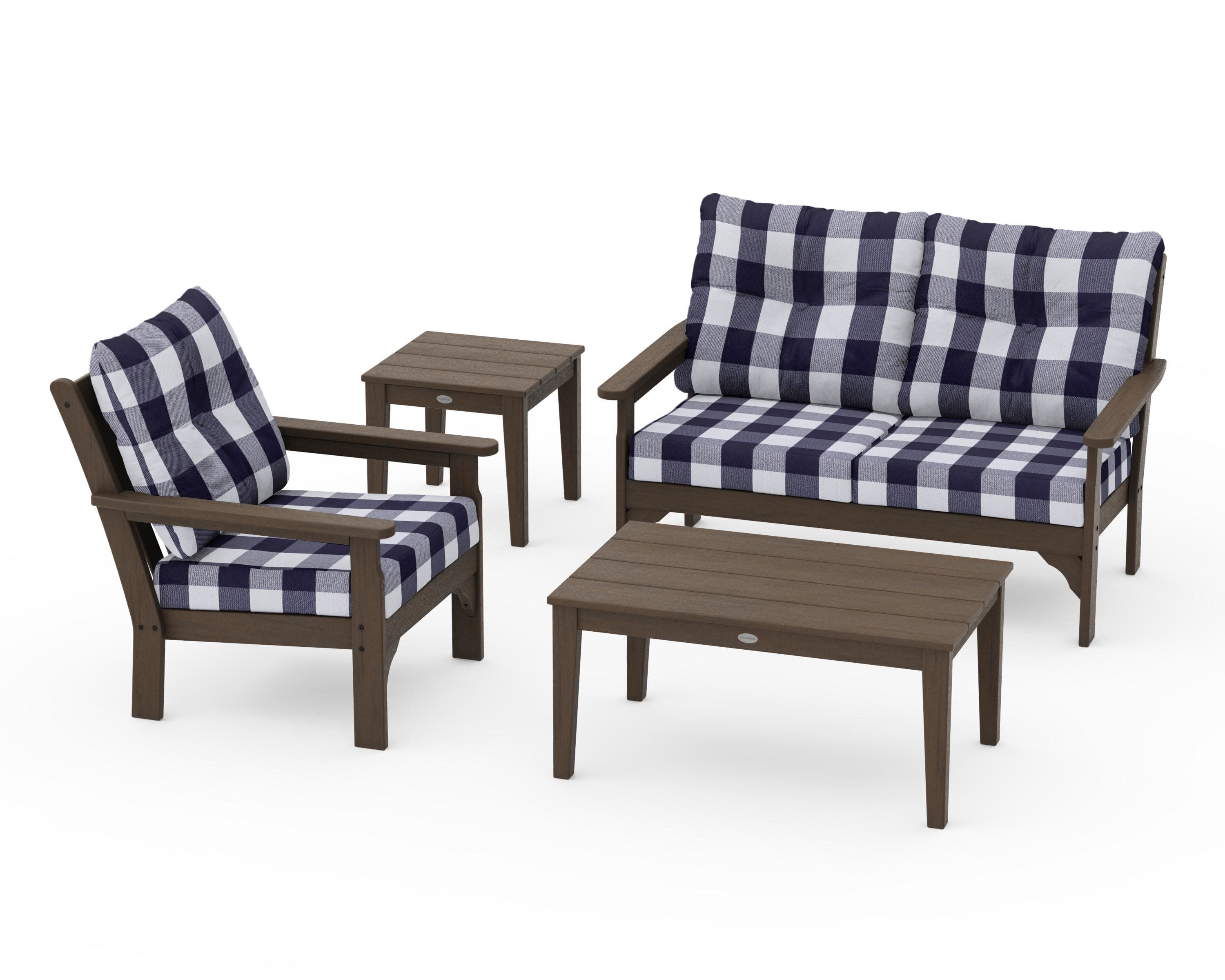 Vineyard 4-Piece Deep Seating Set in Kona / Buffalo Plaid Navy