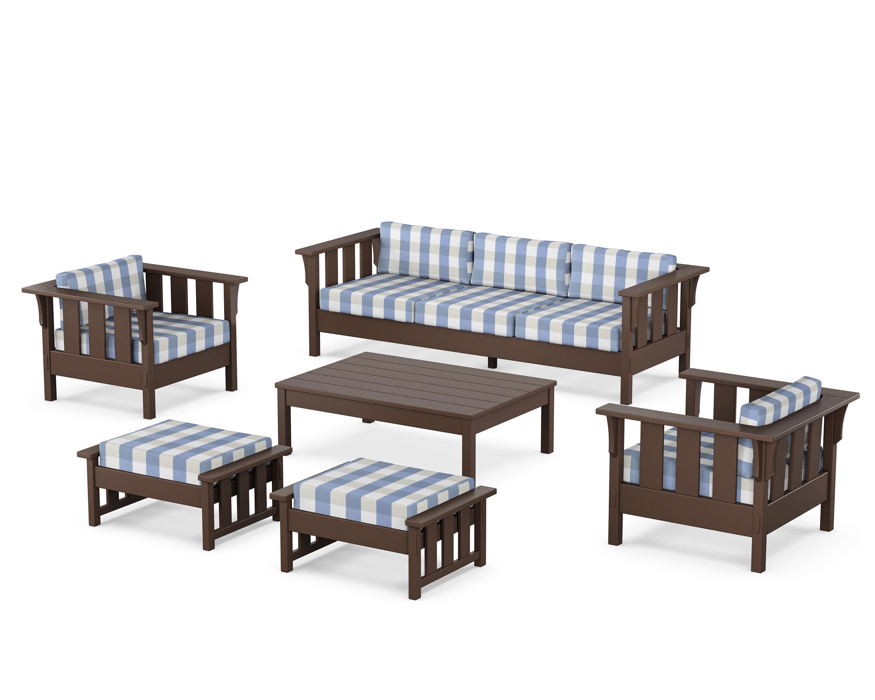 Acadia 6-Piece Lounge Sofa Set in Mahogany / Buffalo Plaid Sky Blue
