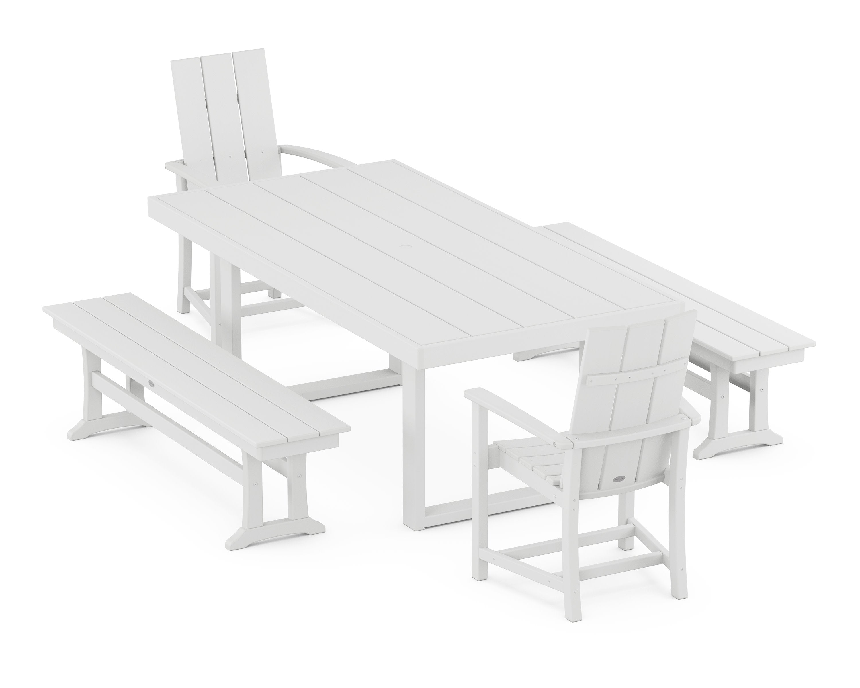 Modern Adirondack 5-Piece Dining Set with Benches in White