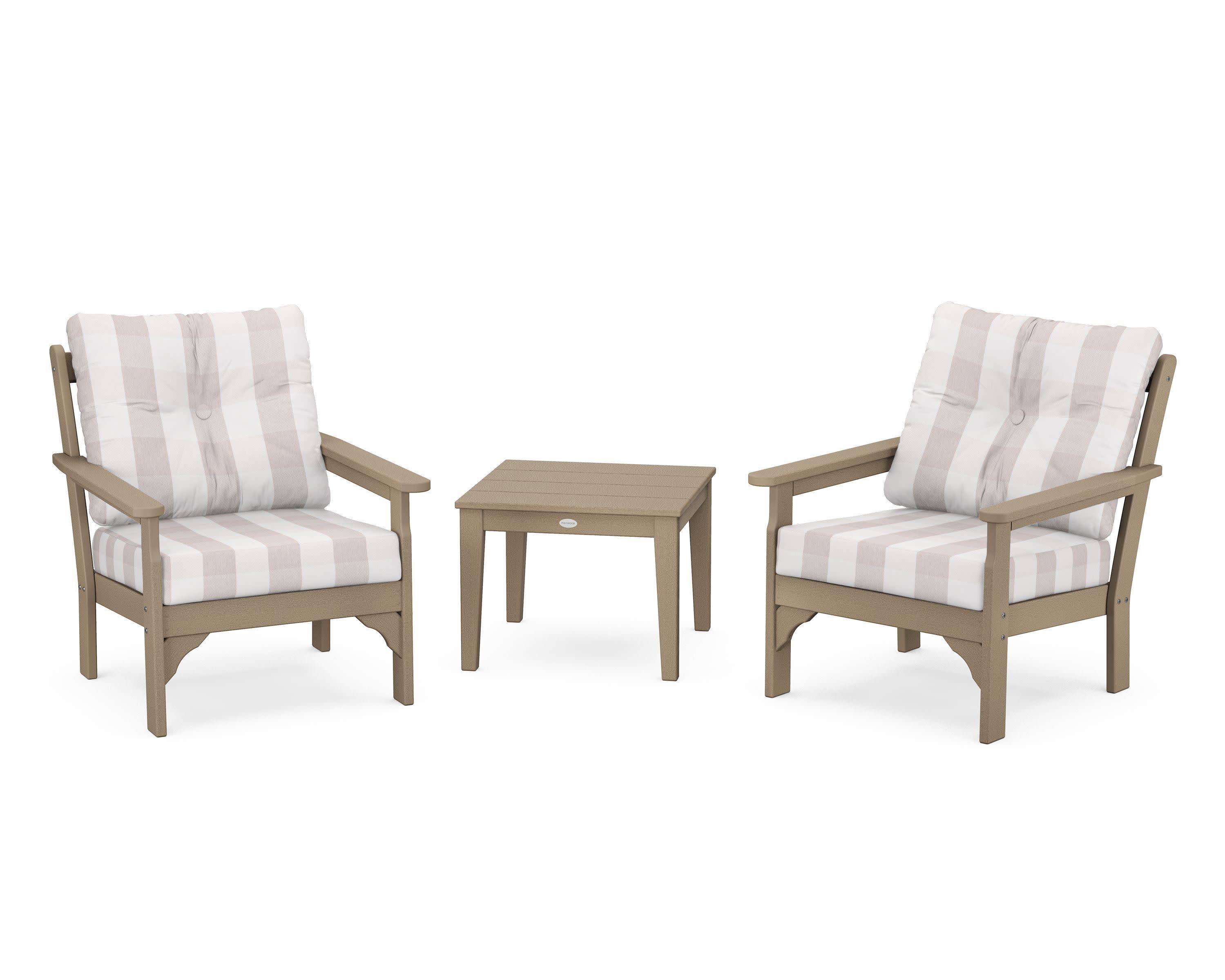 Vineyard 3-Piece Deep Seating Set in Vintage Sahara / Buffalo Plaid Dune Burlap