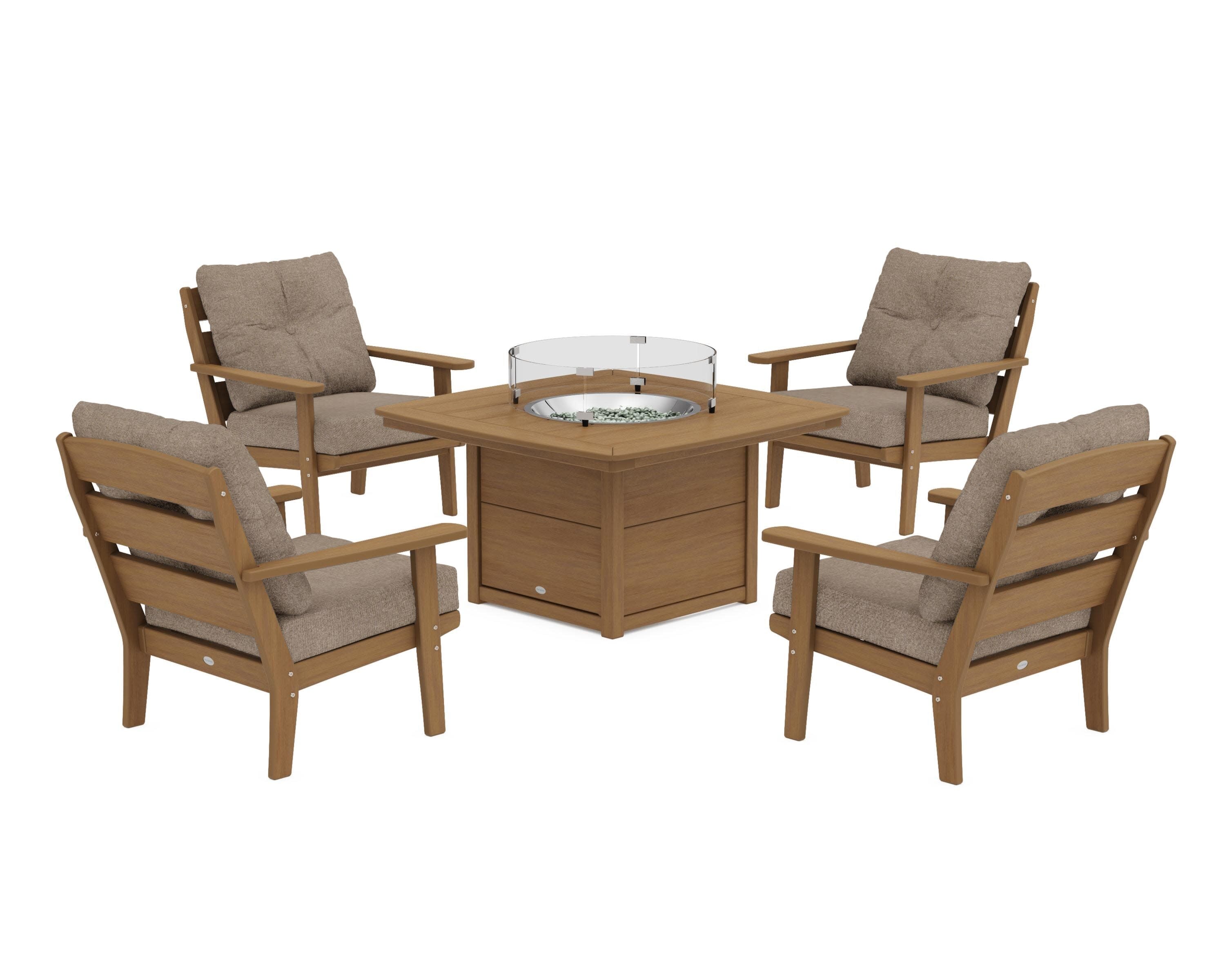 Lakeside 5-Piece Deep Seating Set with Nautical Fire Pit Table in Natural / Spiced Burlap
