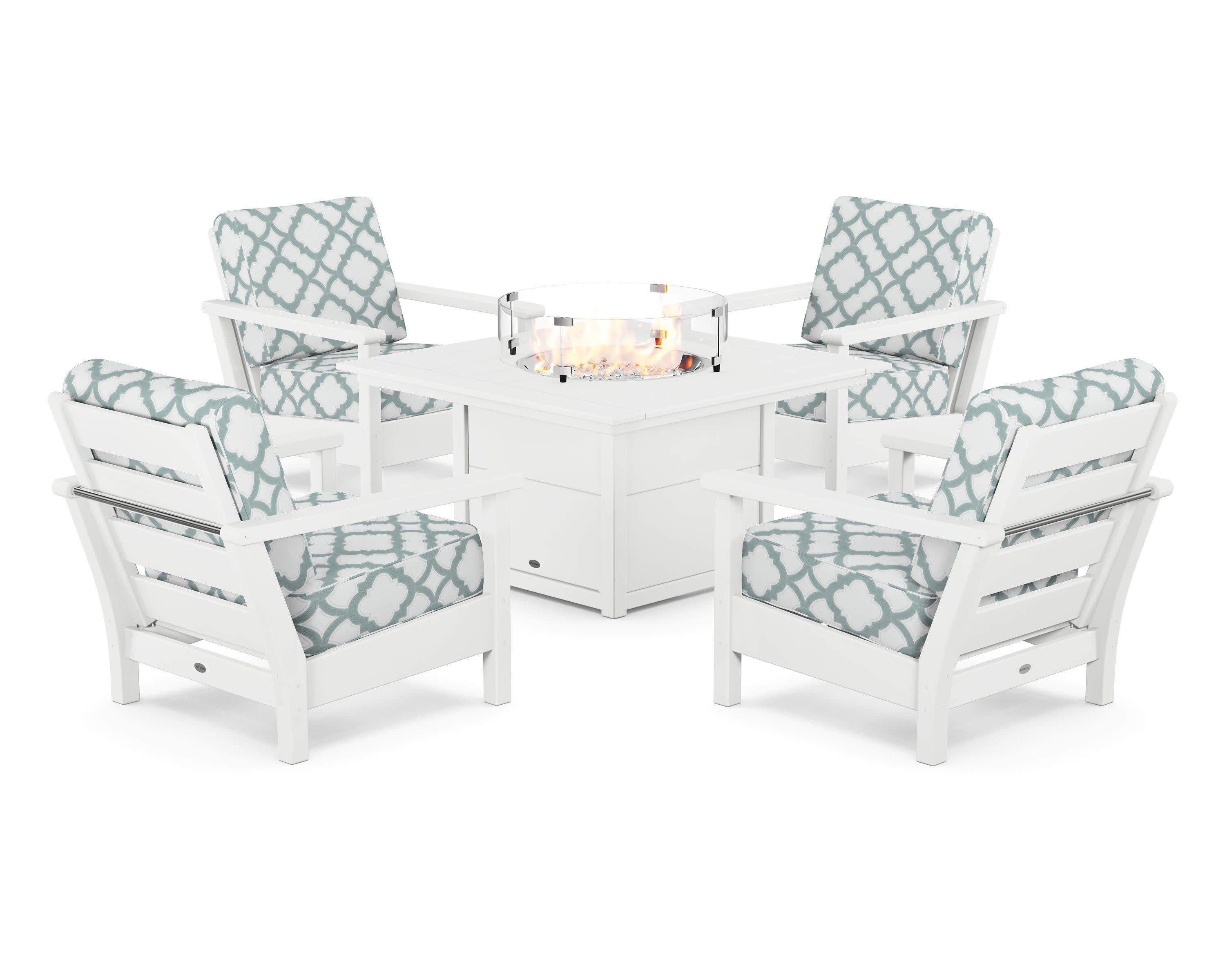 Harbour 5-Piece Conversation Set with Fire Pit Table in White / Trellis Glacier Spa