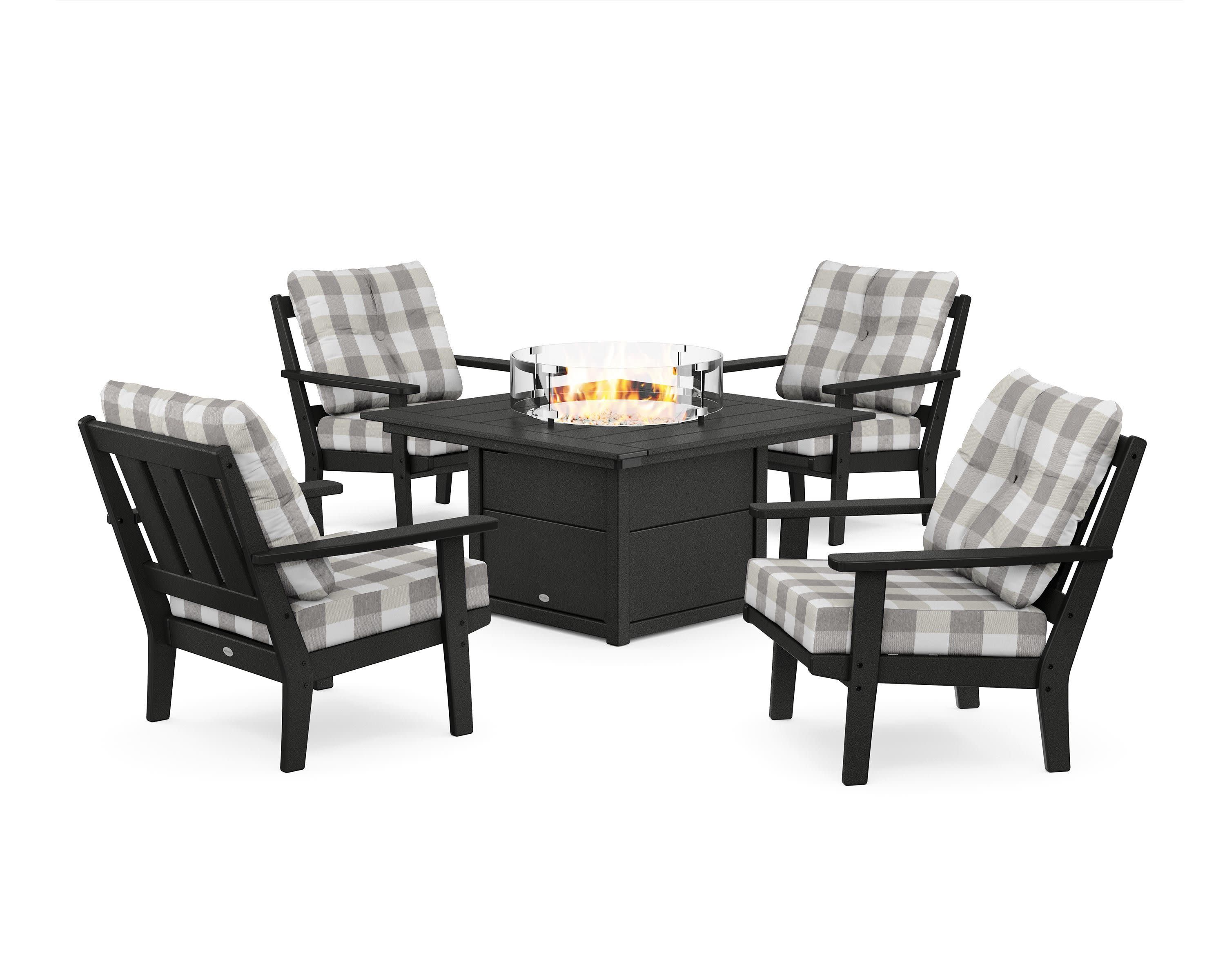 Oxford 5-Piece Deep Seating Set with Fire Pit Table in Black / Buffalo Plaid Grey Mist