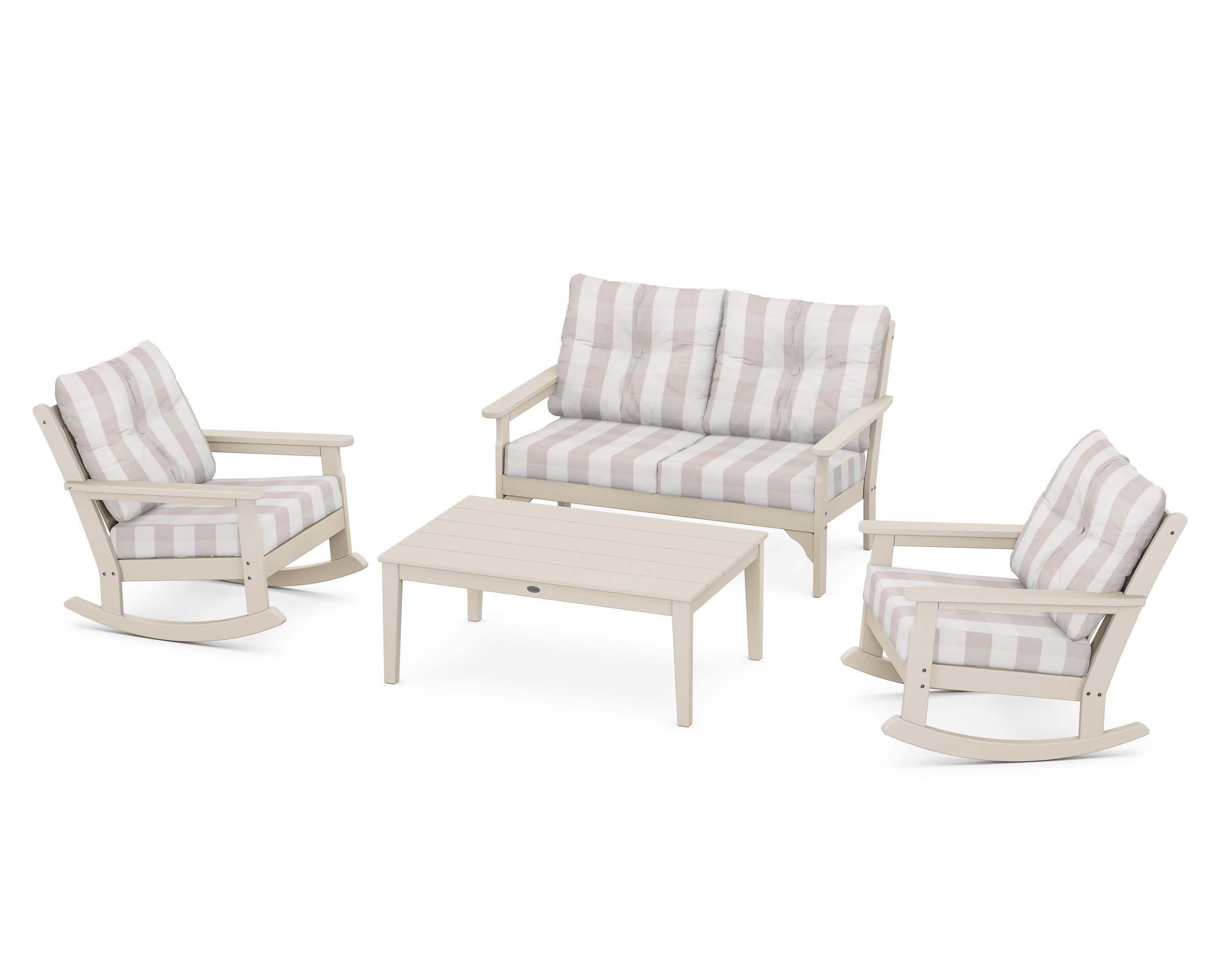 Vineyard 4-Piece Deep Seating Rocking Chair Set in Sand / Buffalo Plaid Dune Burlap