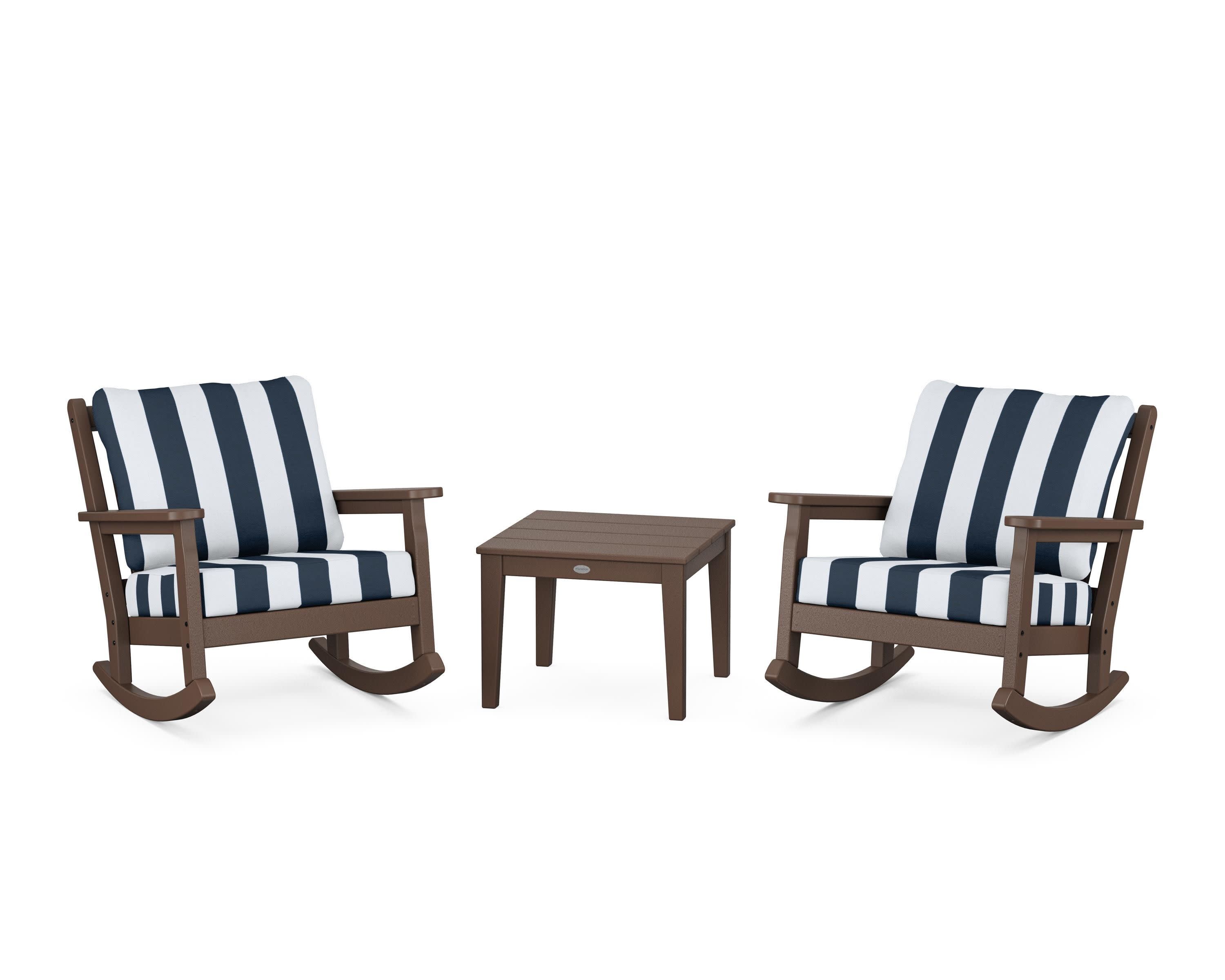 Chippendale 3-Piece Deep Seating Rocker Set in Mahogany / Cabana Stripe Marine Indigo