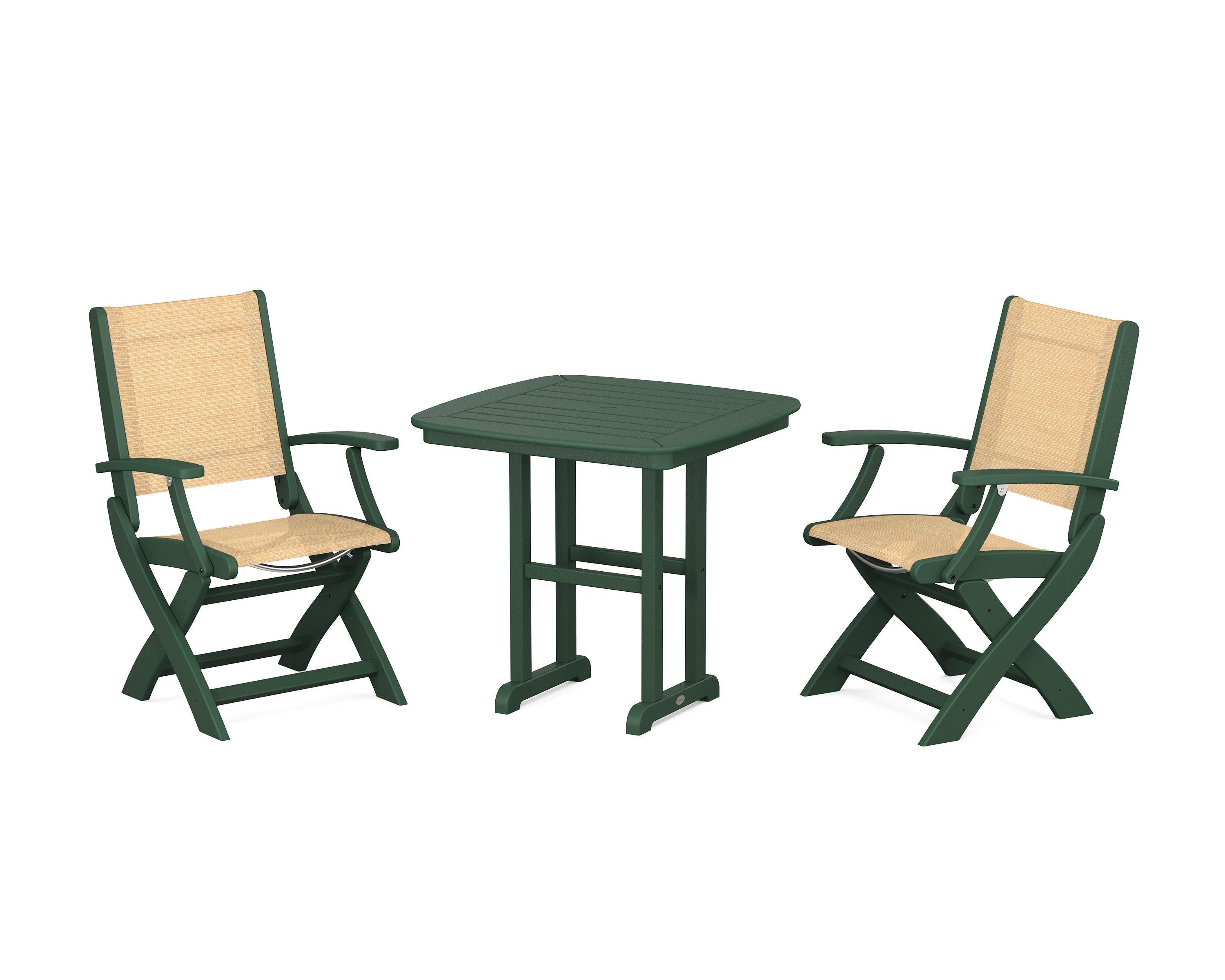 Coastal Folding Chair 3-Piece Dining Set in Green / Dupioni Apricot Sling