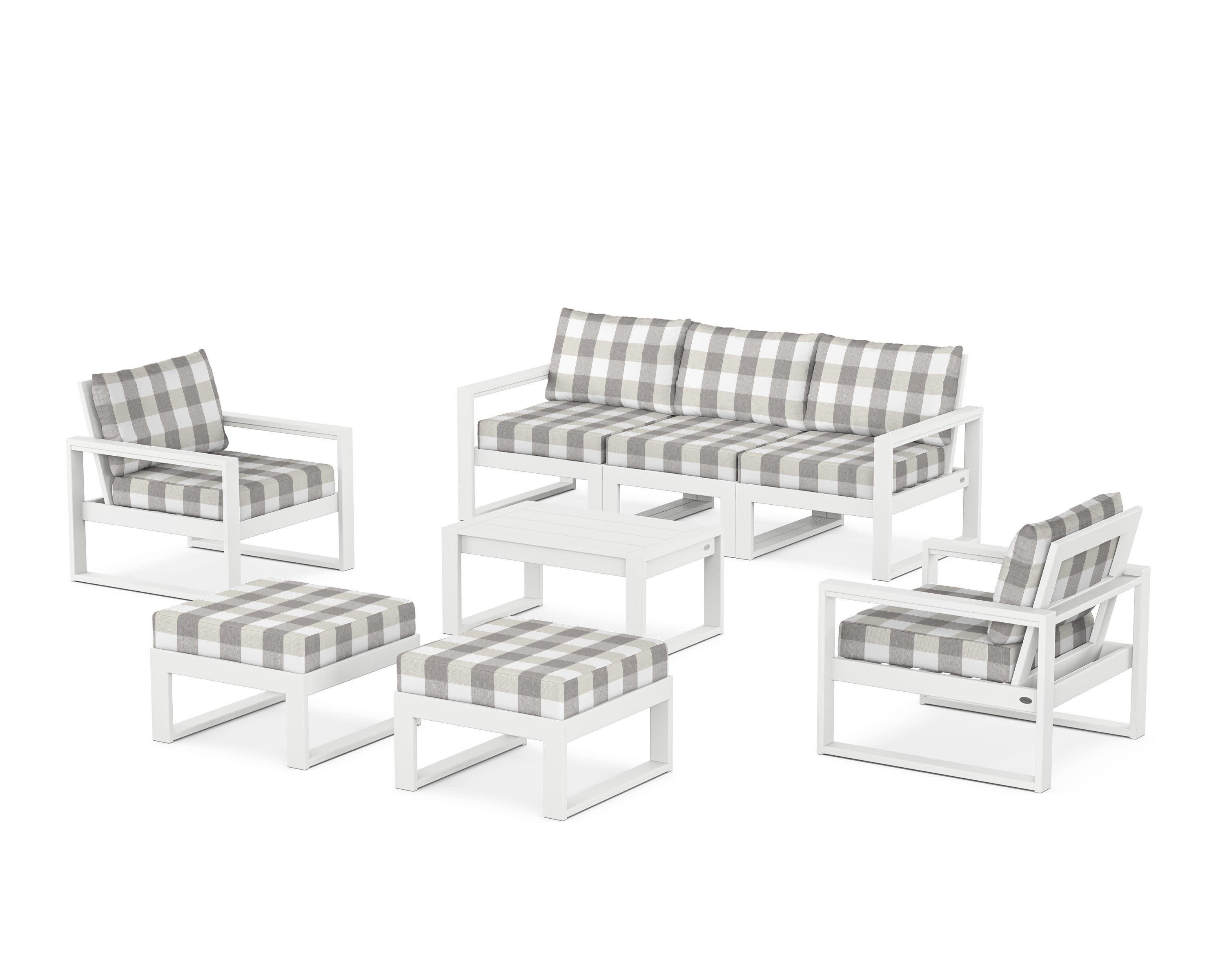EDGE Sectional 8-Piece Lounge Sofa Set in White / Buffalo Plaid Grey Mist