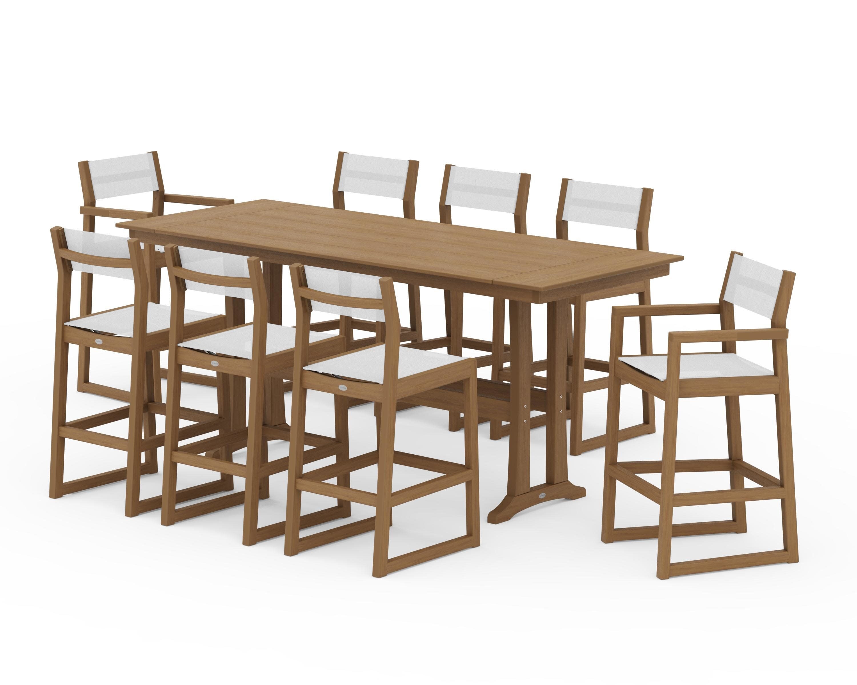 EDGE Sling 9-Piece Farmhouse Bar Set with Trestle Legs in Natural / White Sling