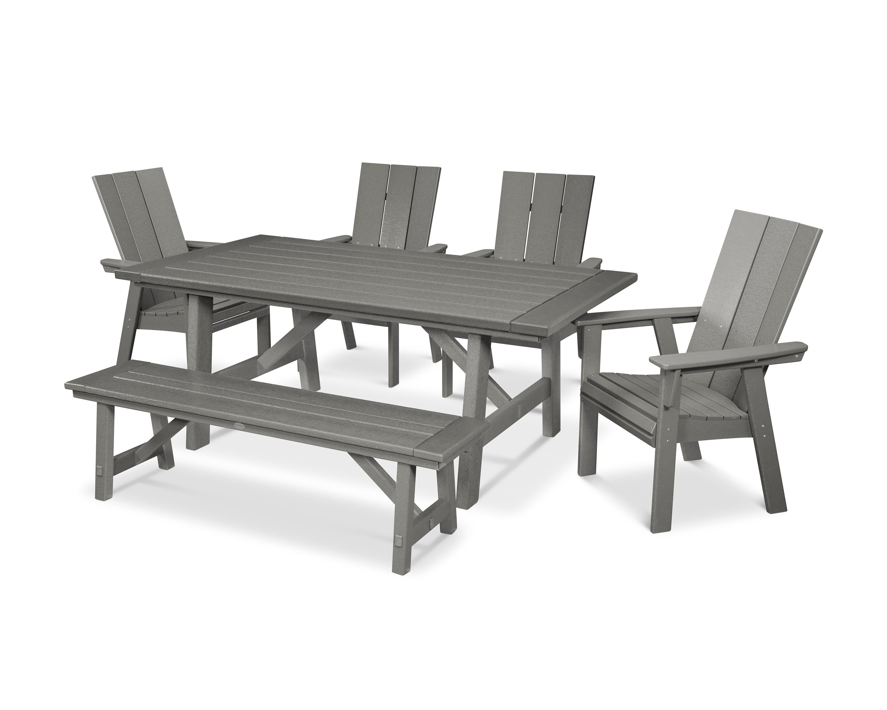 Modern Curveback Adirondack 6-Piece Rustic Farmhouse Dining Set with Bench in Slate Grey