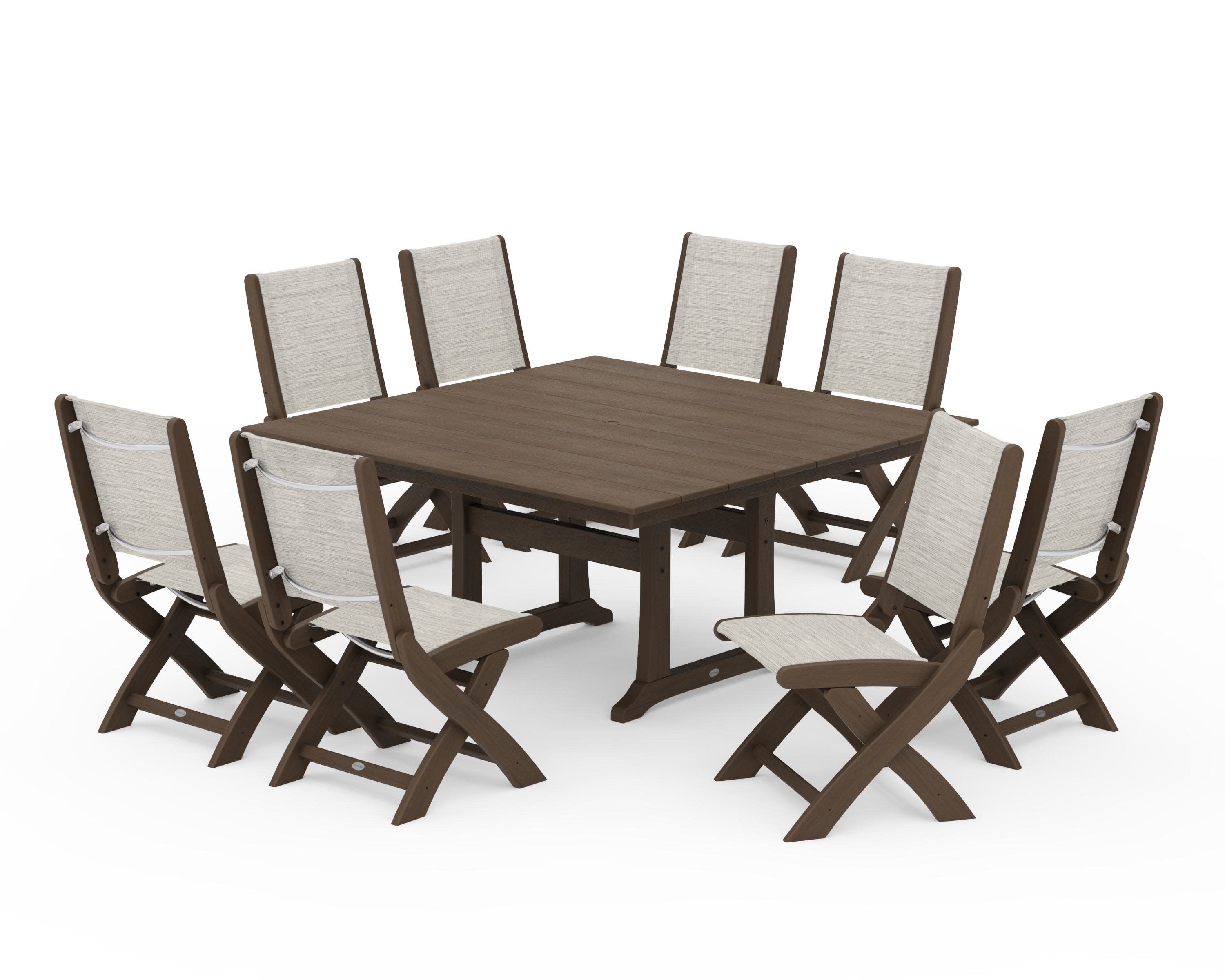 Coastal Folding Side Chair 9-Piece Farmhouse Dining Set in Kona / Birch Sling