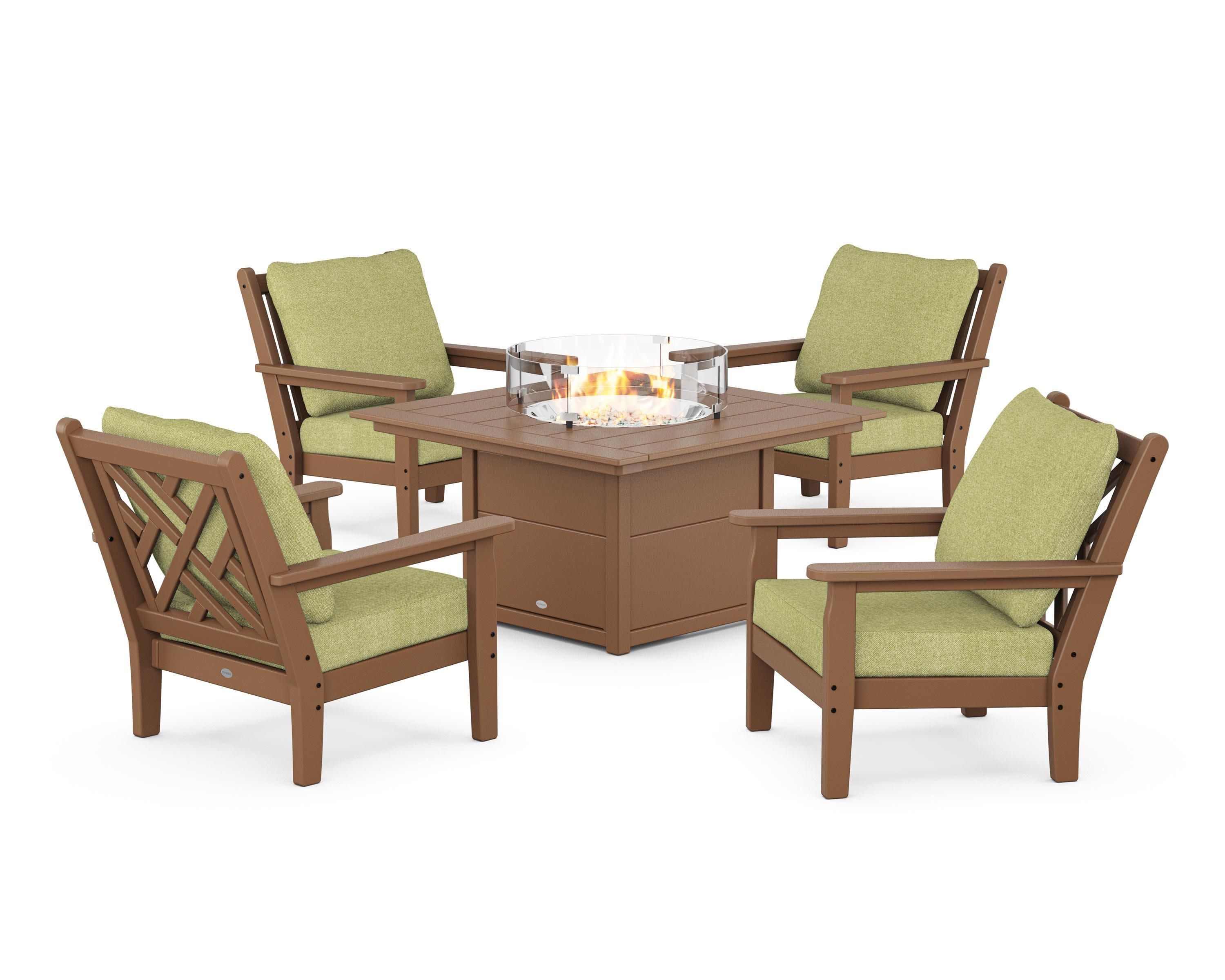 Chippendale 5-Piece Deep Seating Set with Fire Pit Table in Teak / Chartreuse Boucle