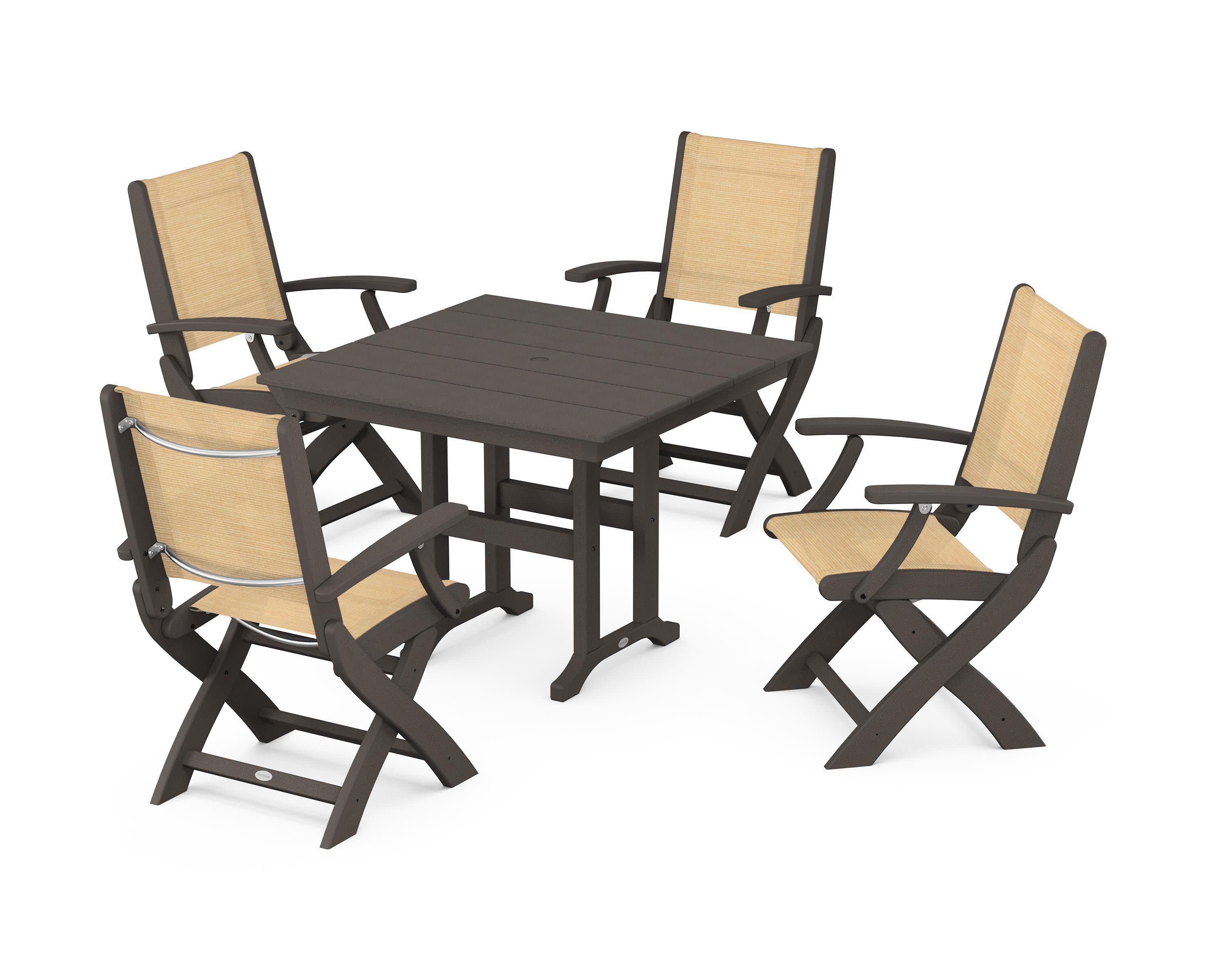 Coastal Folding Chair 5-Piece Farmhouse Dining Set in Vintage Coffee / Dupioni Apricot Sling