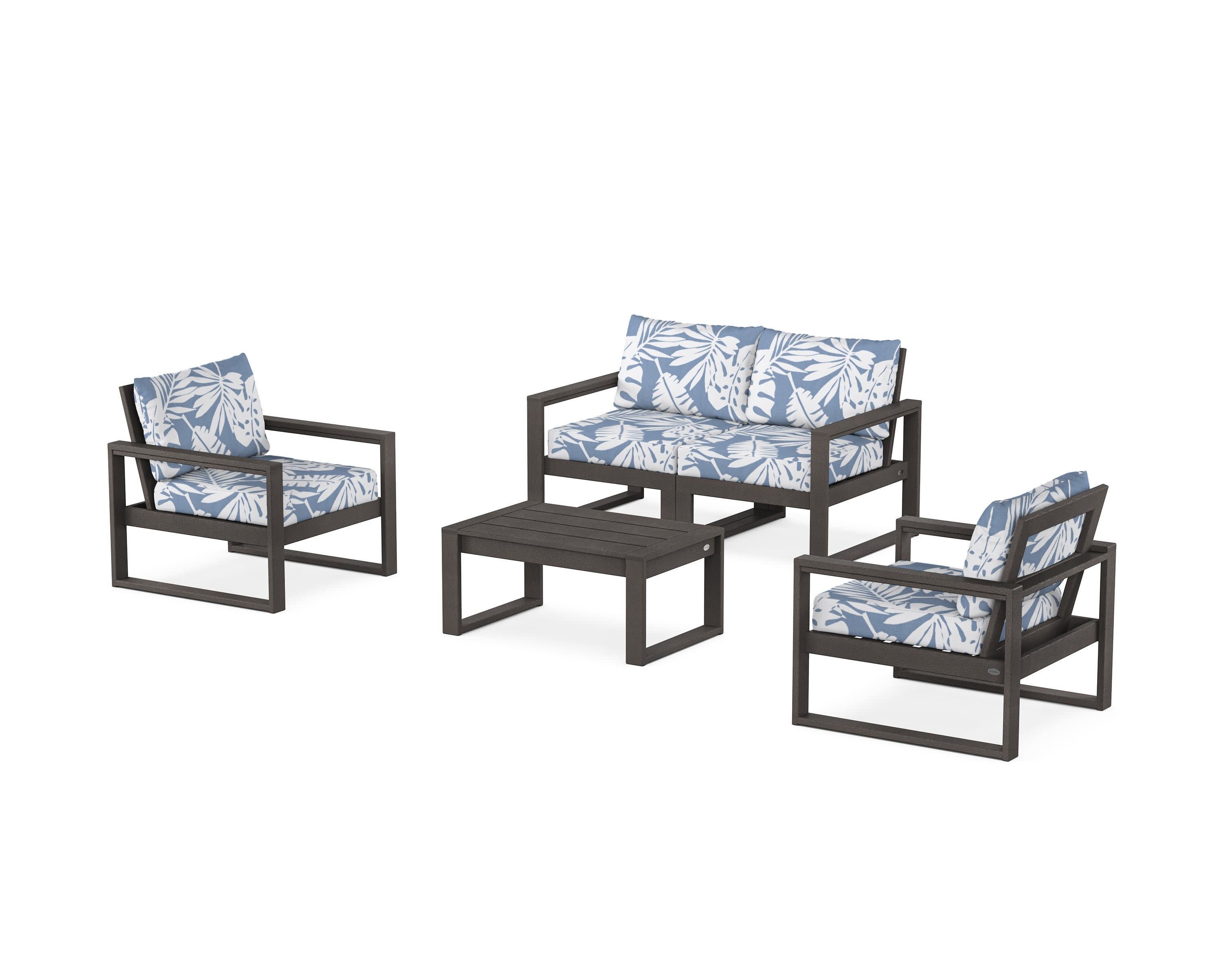 EDGE Sectional 4-Piece Deep Seating Set with Loveseat in Vintage Coffee / Leaf Sky Blue