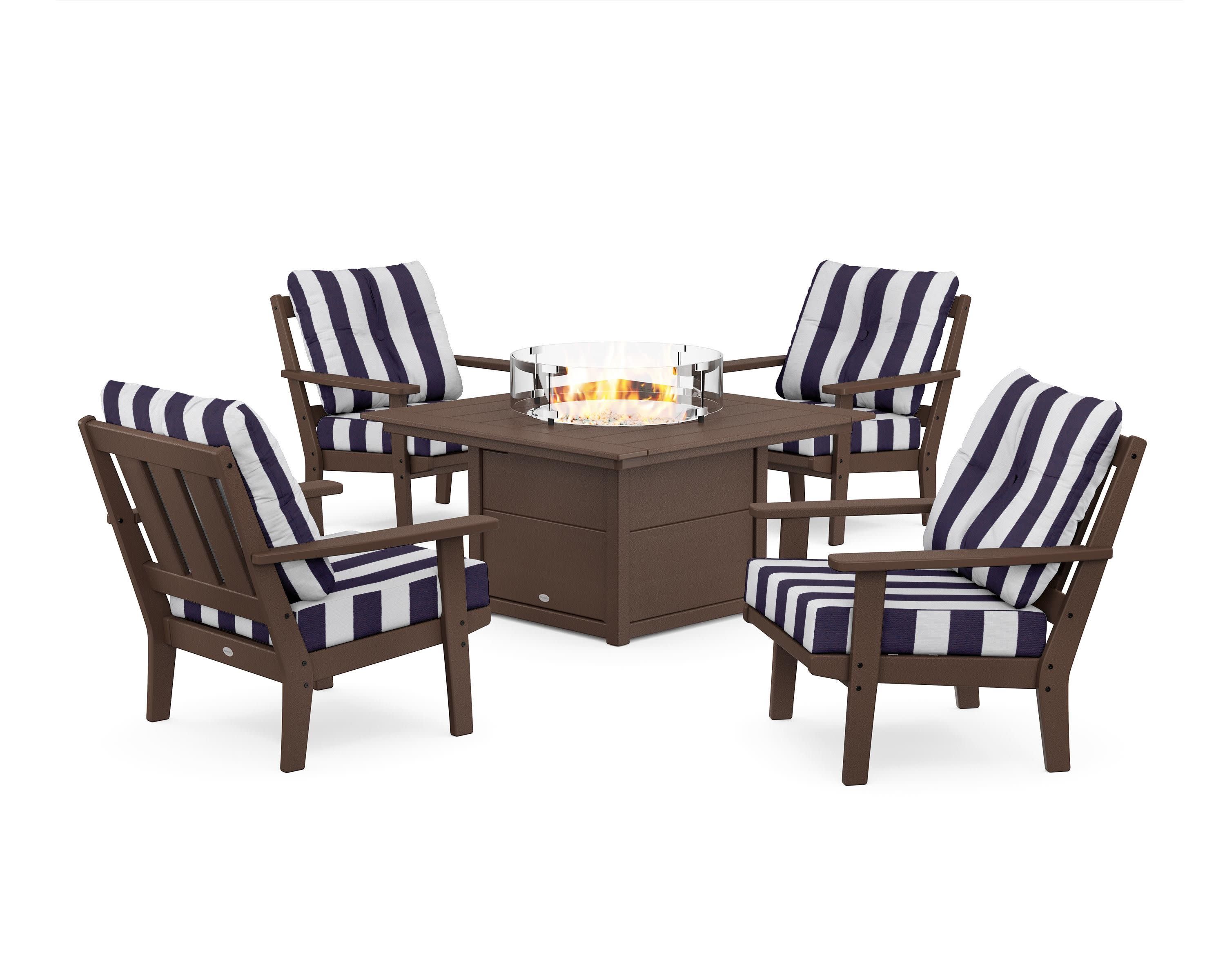 Oxford 5-Piece Deep Seating Set with Fire Pit Table in Mahogany / Cabana Stripe Navy