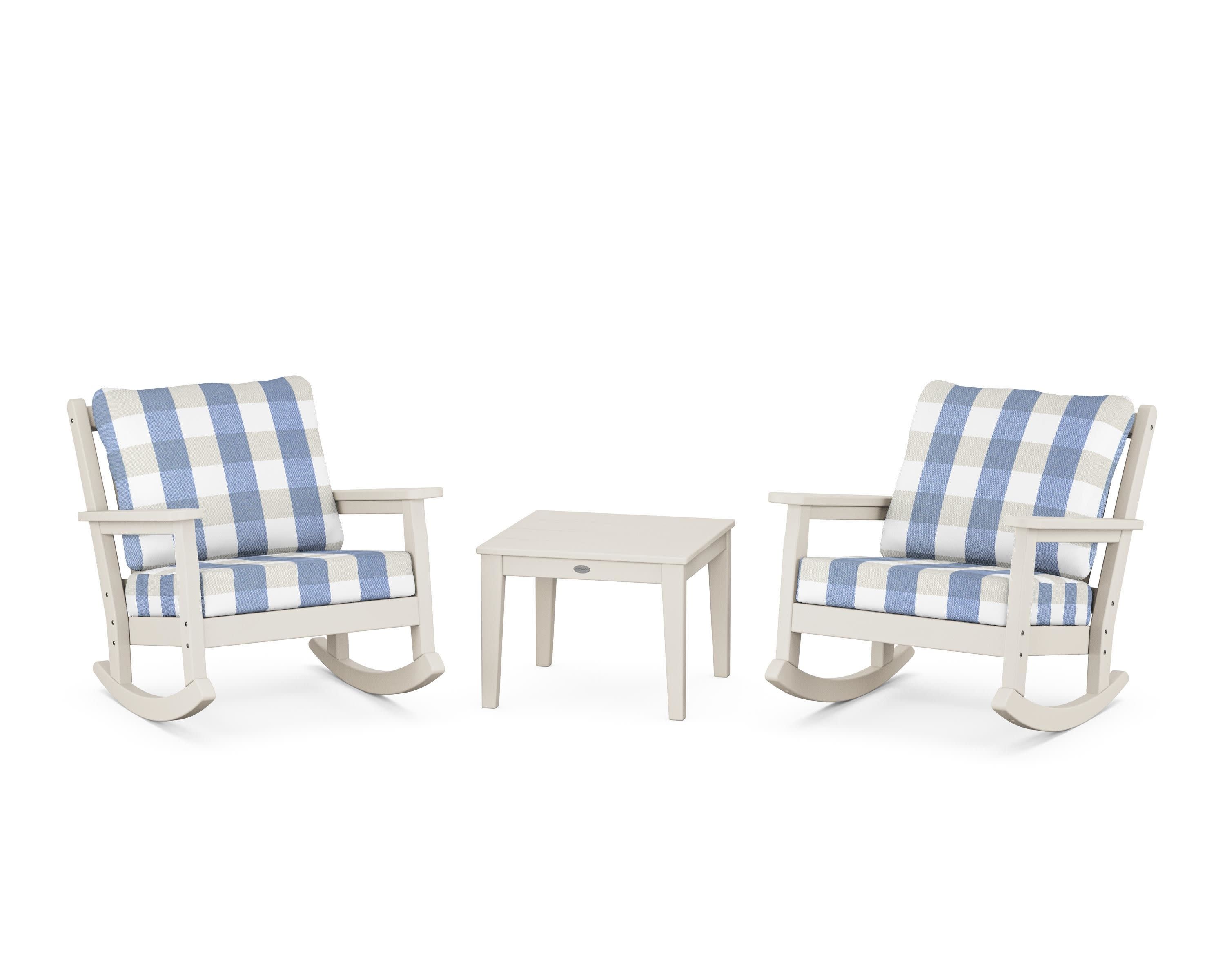Chippendale 3-Piece Deep Seating Rocker Set in Sand / Buffalo Plaid Sky Blue