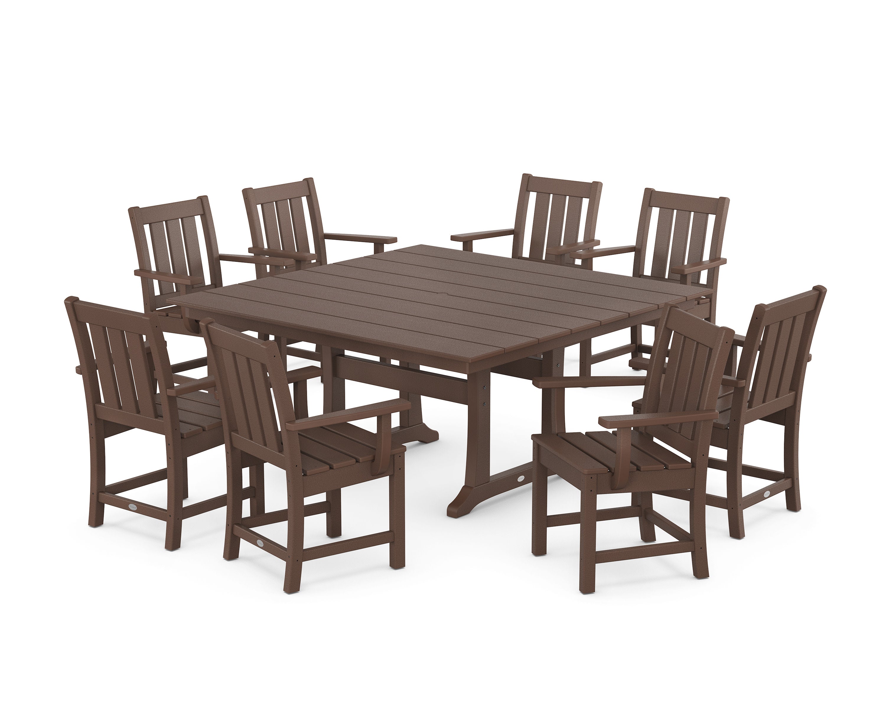 Oxford 9-Piece Square Farmhouse Dining Set with Trestle Legs in Mahogany