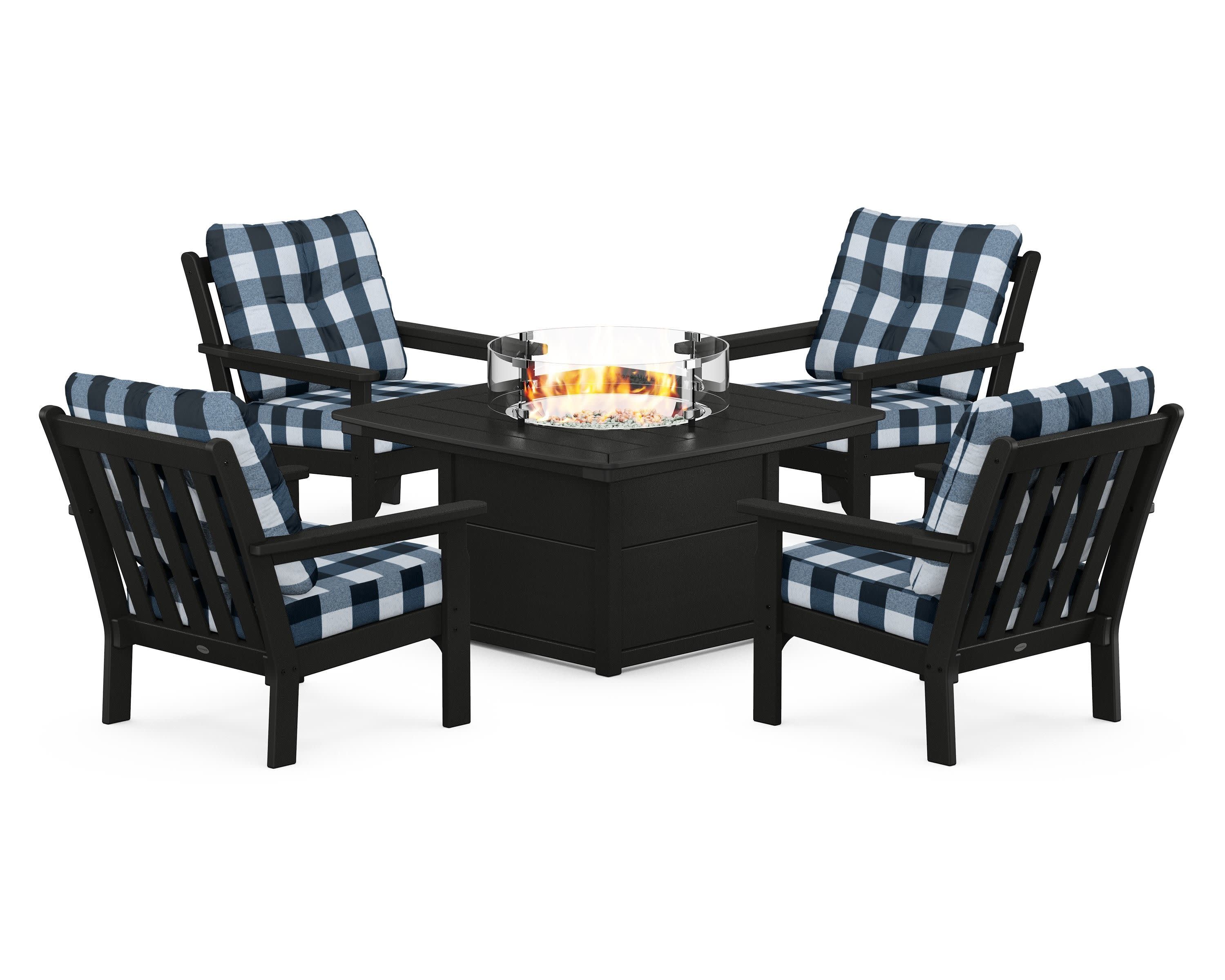 Vineyard 5-Piece Conversation Set with Fire Pit Table in Black / Buffalo Plaid Marine Indigo