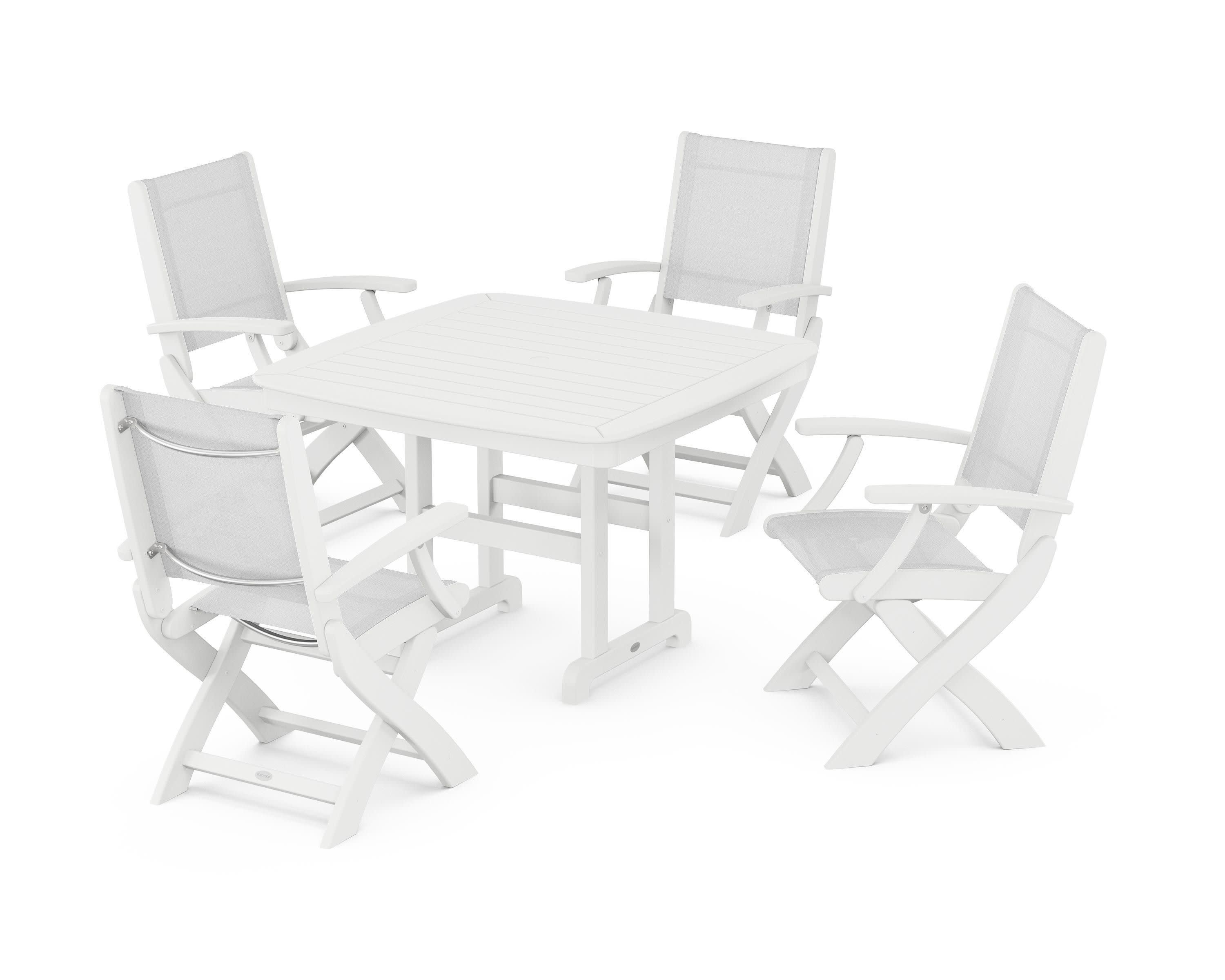 Coastal Folding Chair 5-Piece Dining Set in White / White Sling