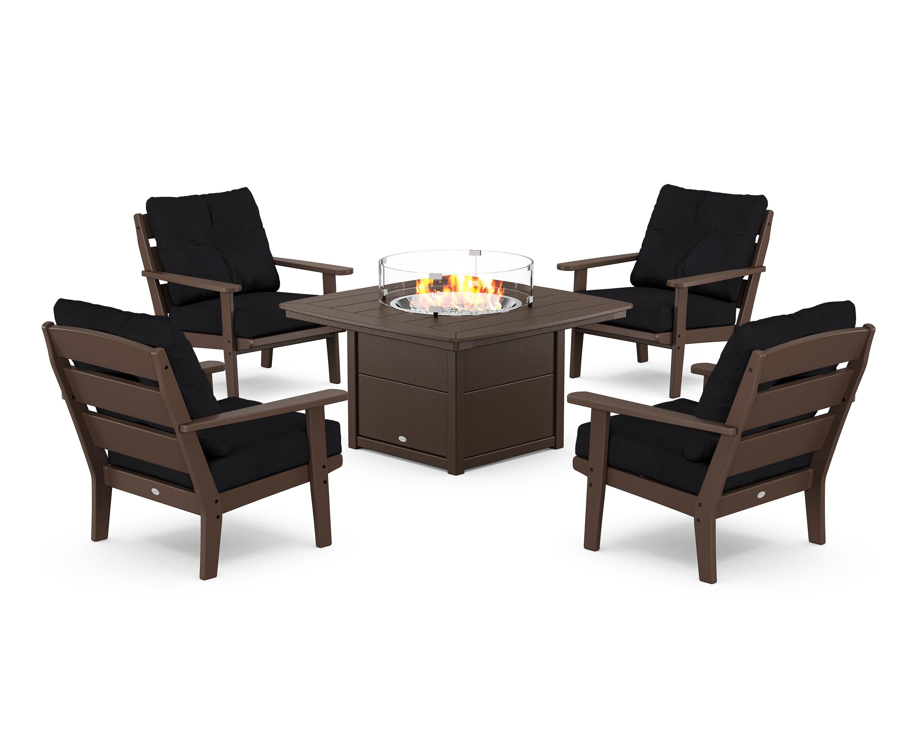 Lakeside 5-Piece Deep Seating Set with Nautical Fire Pit Table in Mahogany / Midnight Linen