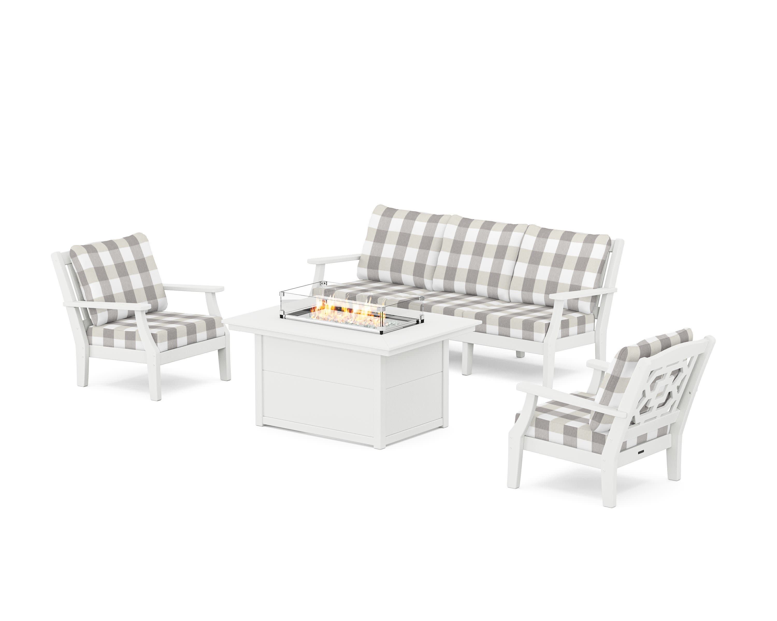 Chinoiserie Deep Seating Fire Pit Table Set in White / Buffalo Plaid Grey Mist