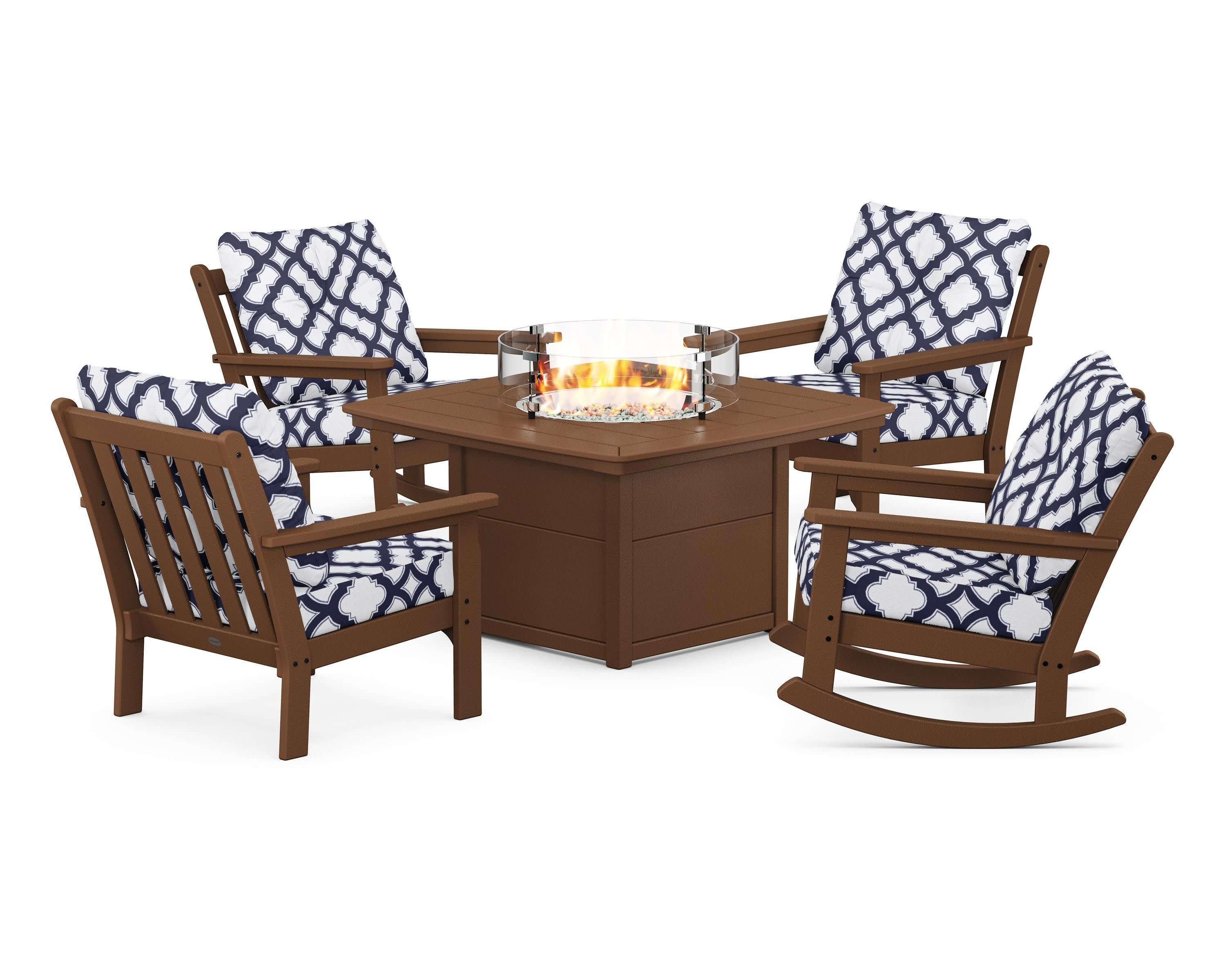 Vineyard 5-Piece Deep Seating Rocking Chair Conversation Set with Fire Pit Table in Teak / Trellis Navy