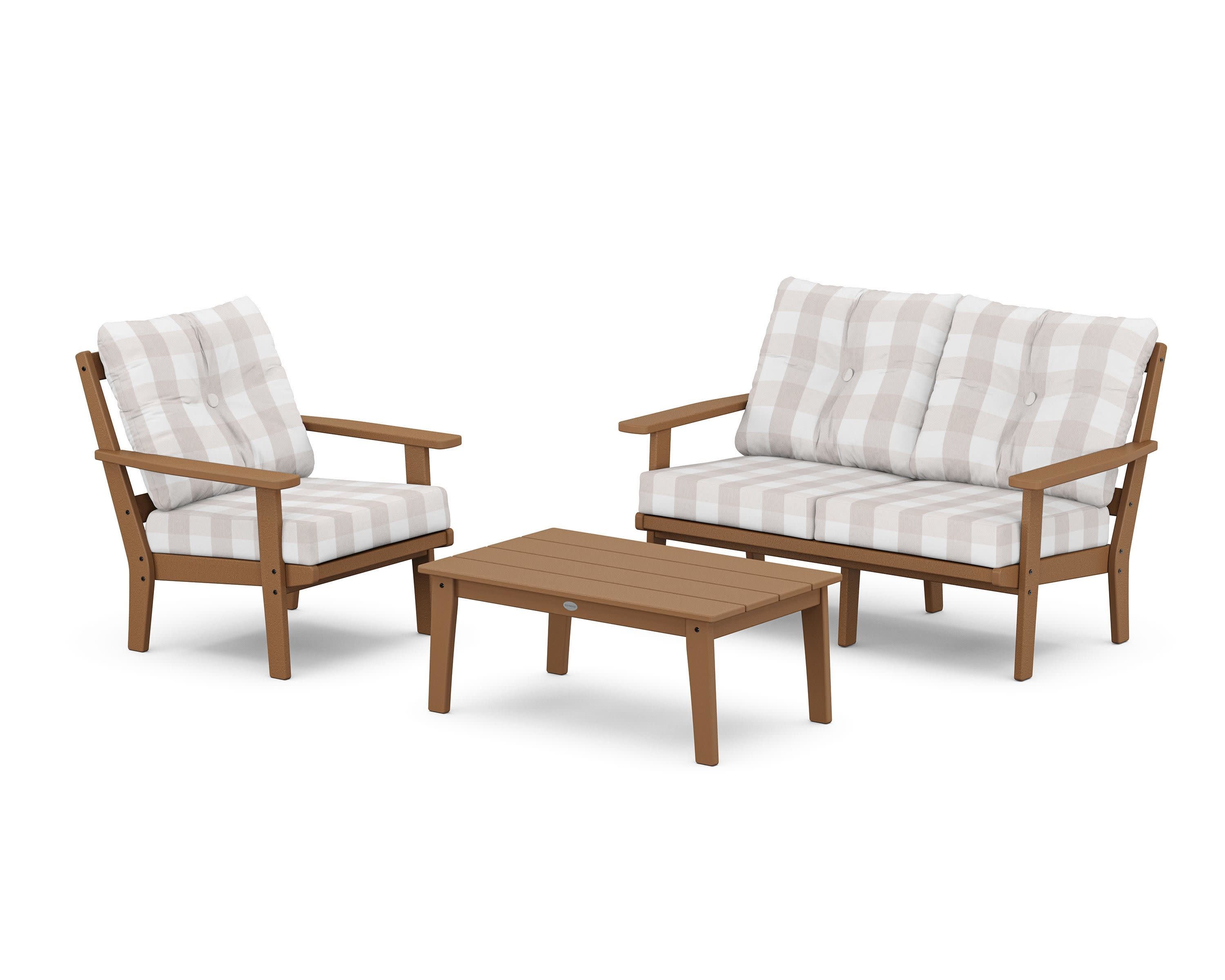 Oxford 3-Piece Deep Seating Set with Loveseat in Teak / Buffalo Plaid Dune Burlap