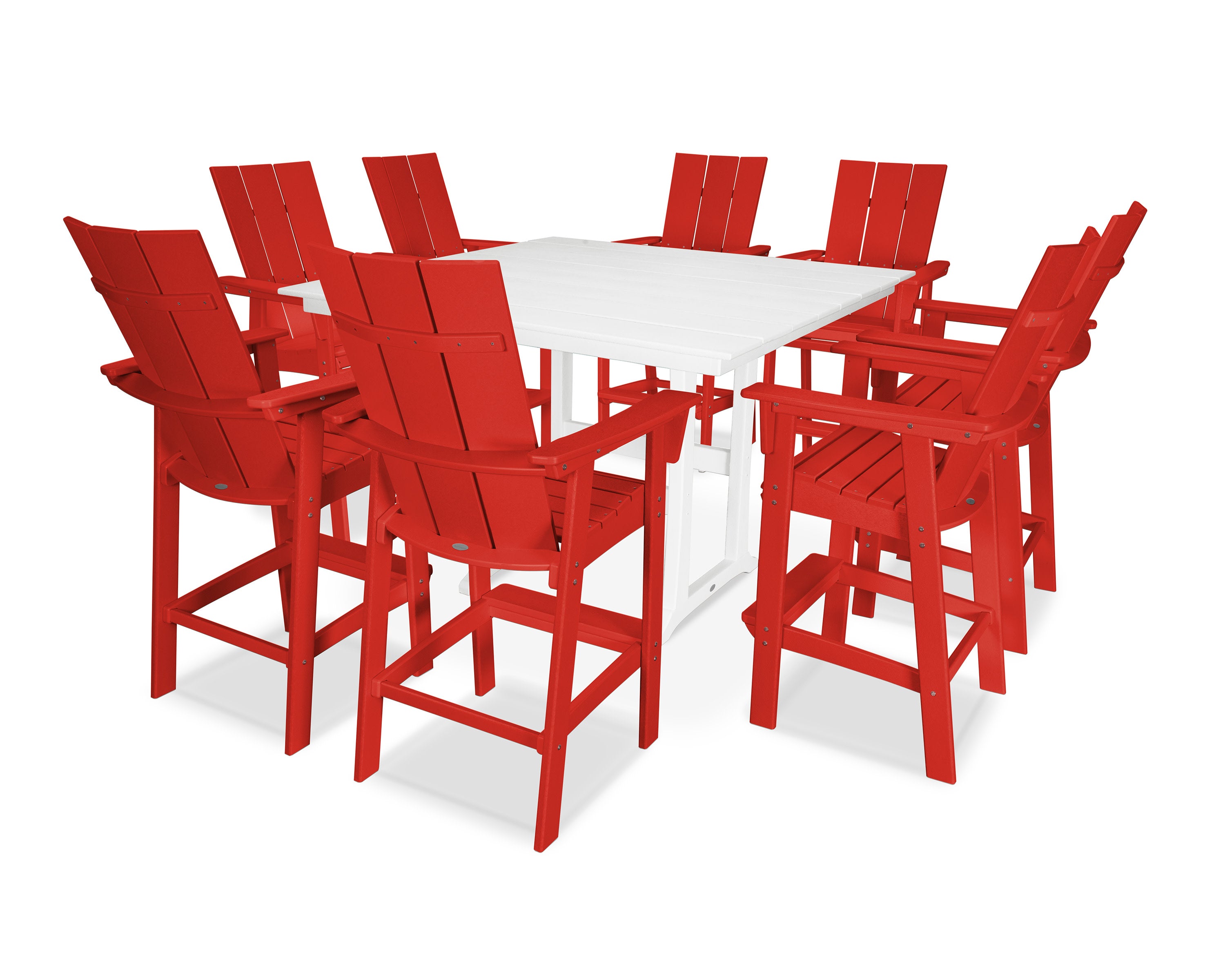 Modern Curveback Adirondack 9-Piece Farmhouse Trestle Bar Set in Sunset Red / White