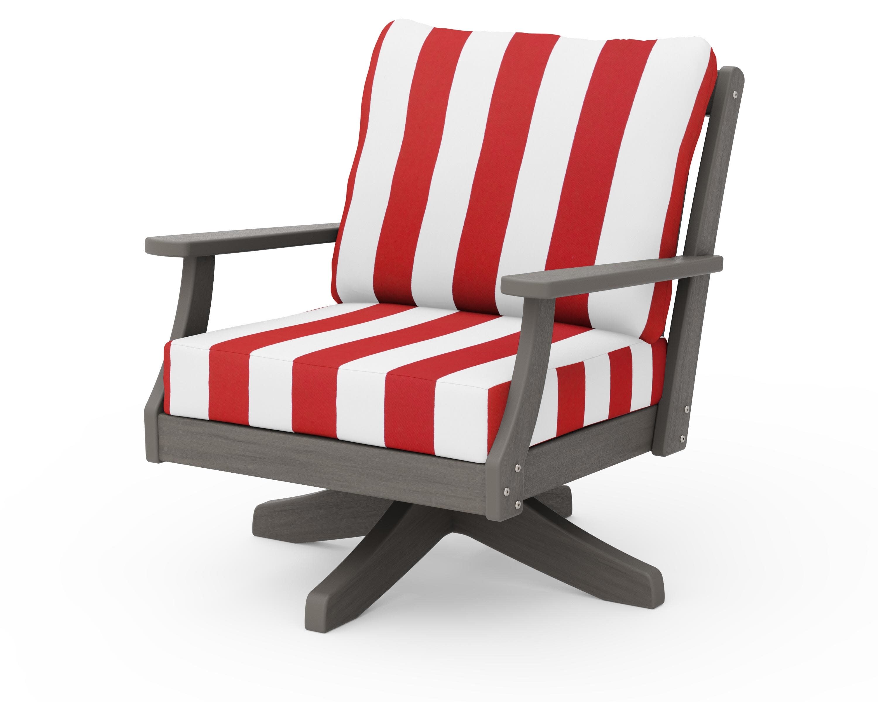 Braxton Deep Seating Swivel Chair in Driftwood / Cabana Stripe Crimson