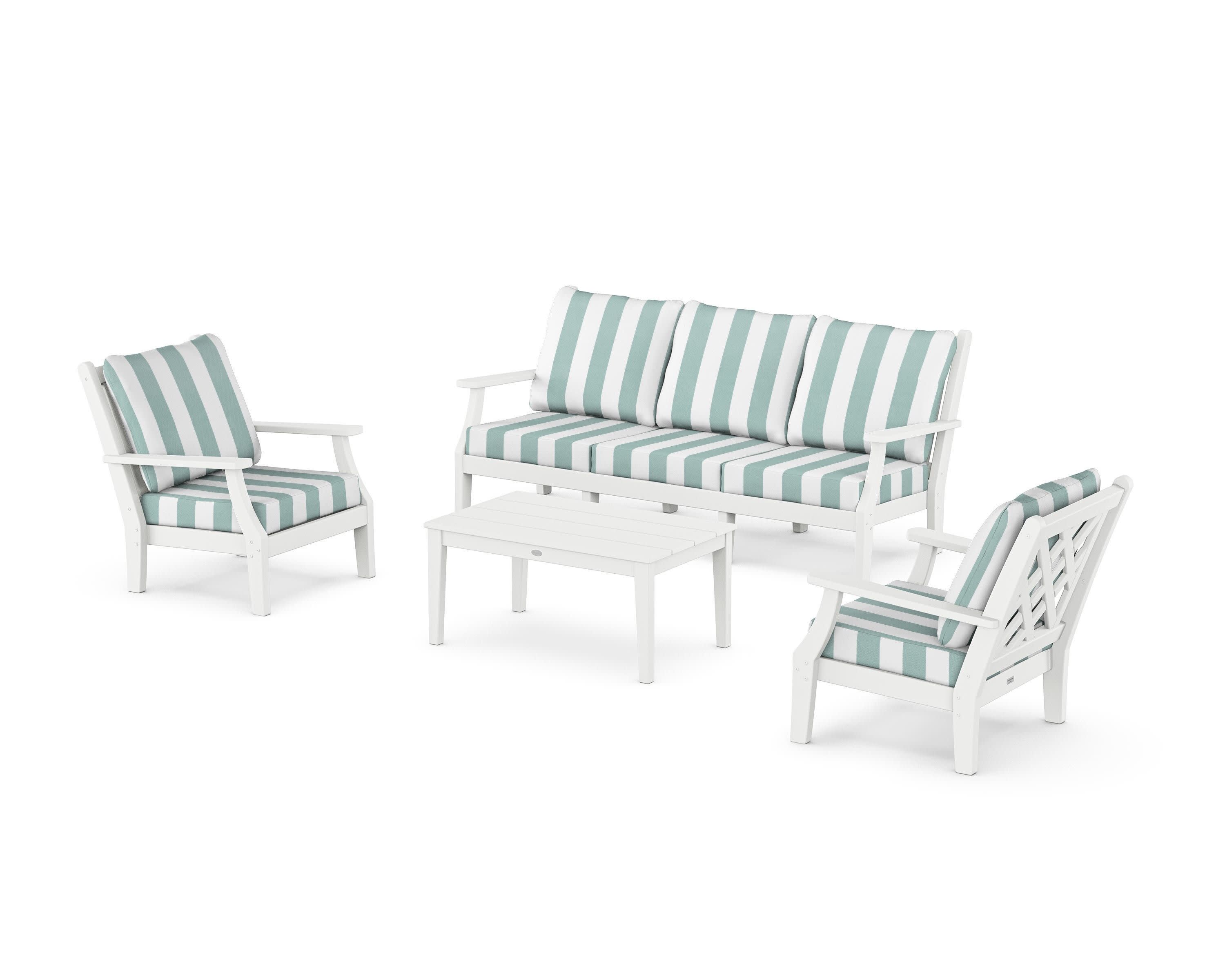 Wovendale 4-Piece Deep Seating Set with Sofa in White / Cabana Stripe Glacier Spa