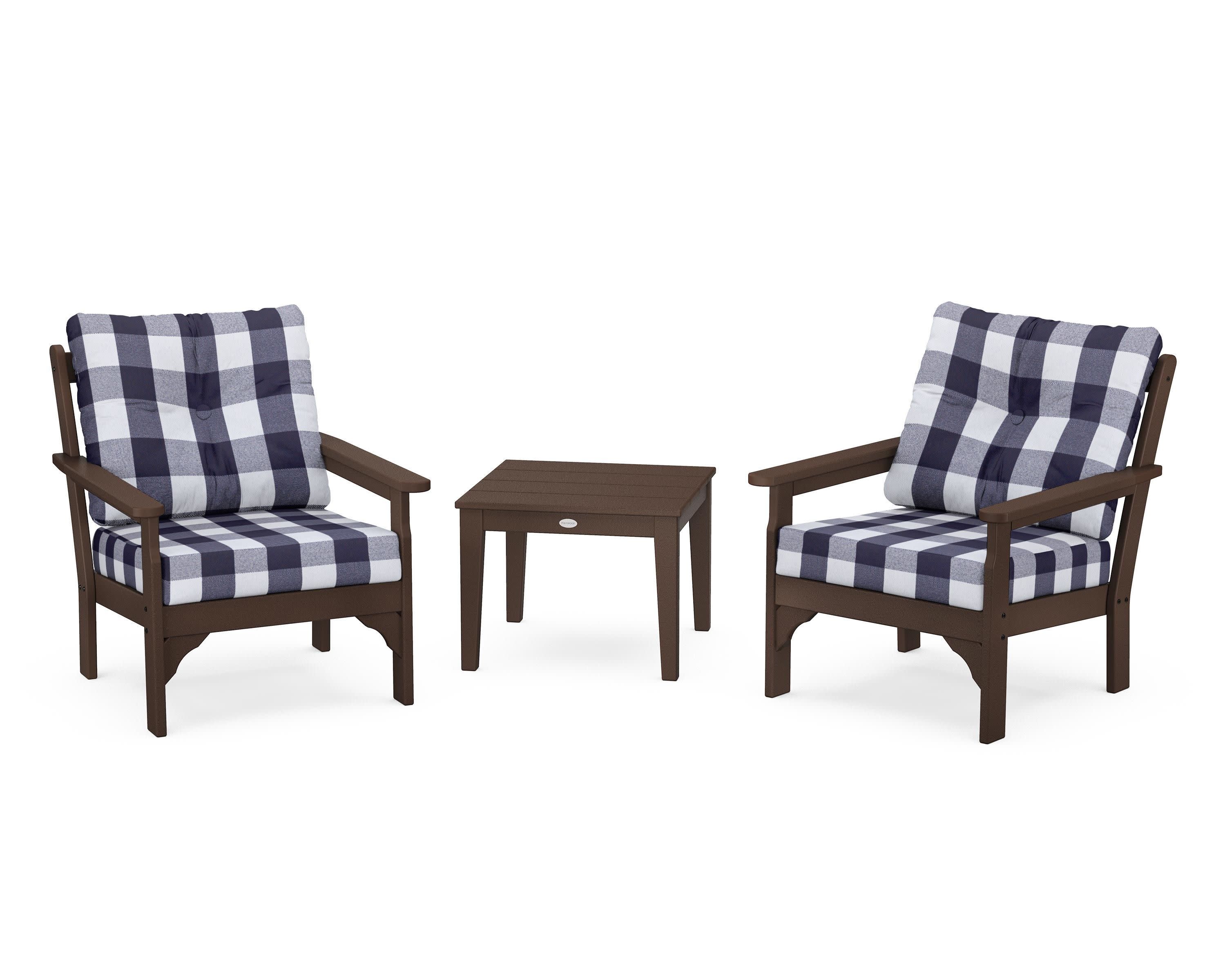 Vineyard 3-Piece Deep Seating Set in Mahogany / Buffalo Plaid Navy