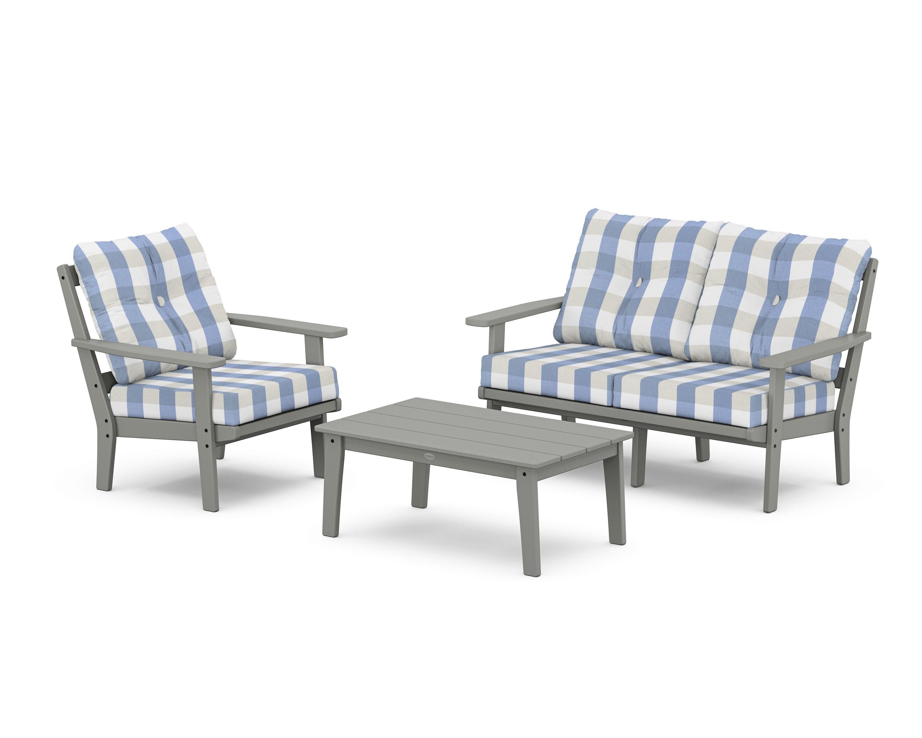 Oxford 3-Piece Deep Seating Set with Loveseat in Slate Grey / Buffalo Plaid Sky Blue