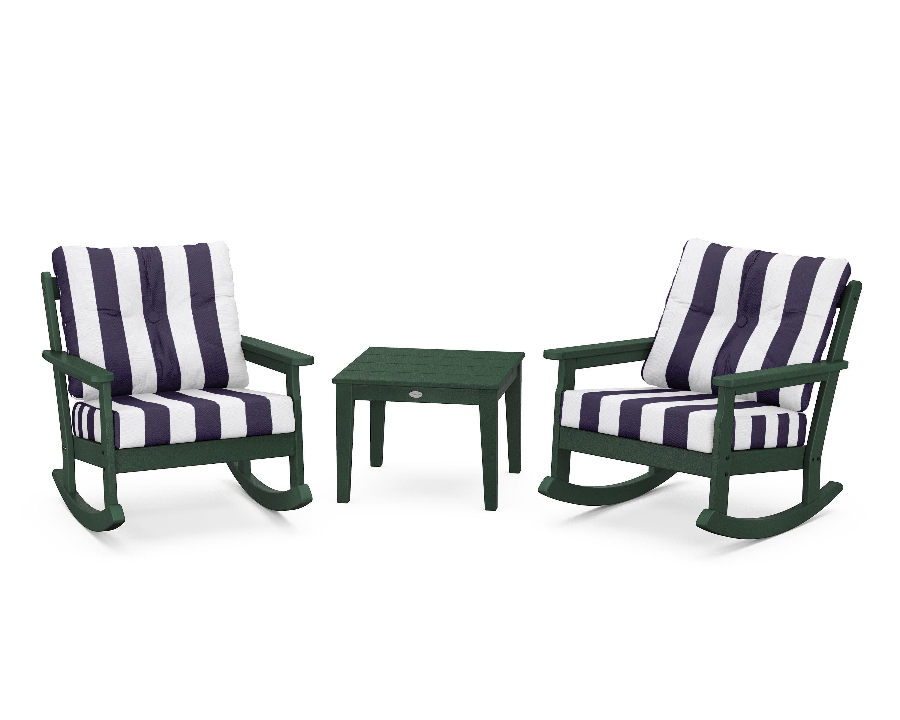 Vineyard 3-Piece Deep Seating Rocker Set in Green / Cabana Stripe Navy