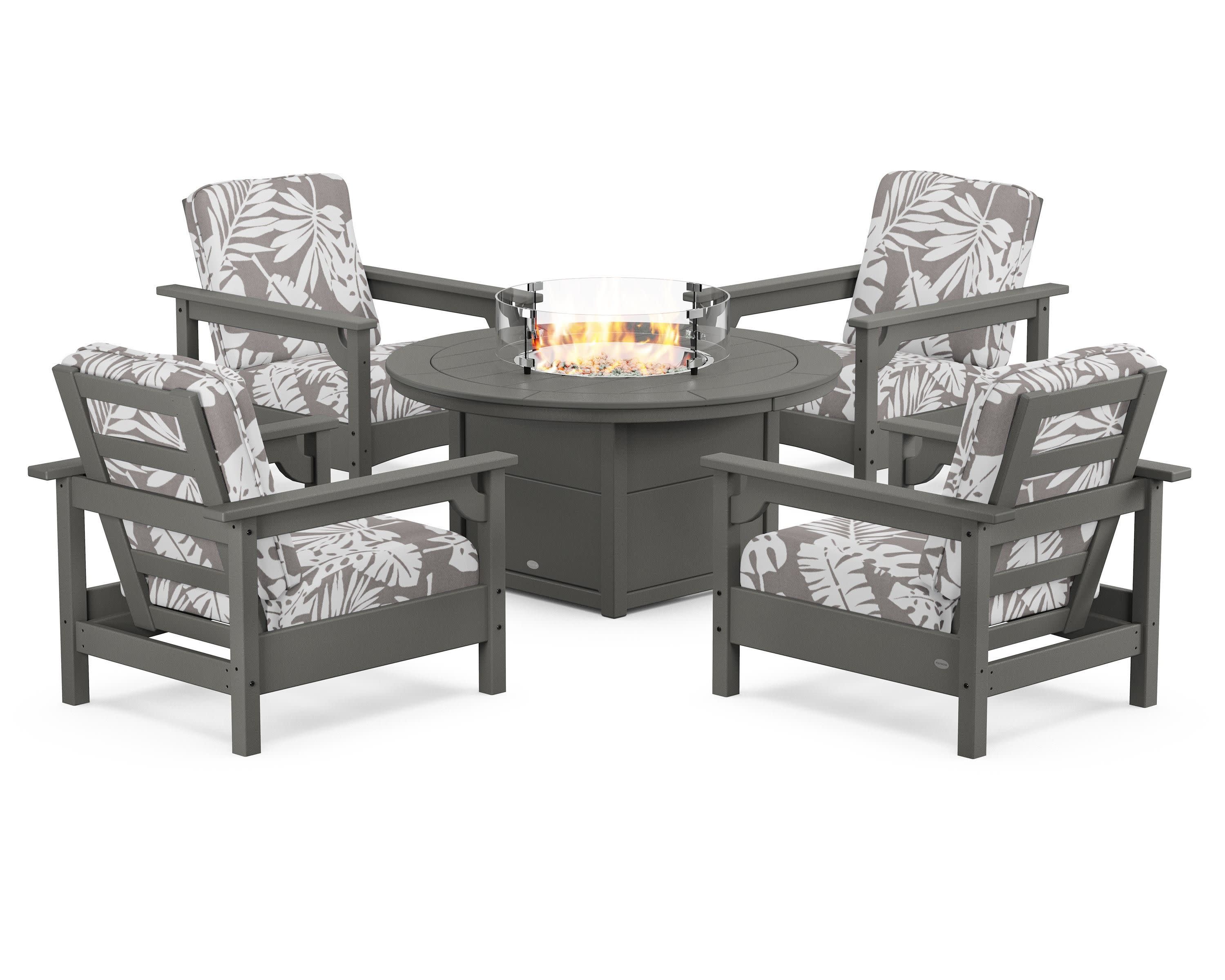 Club 5-Piece Conversation Set with Fire Pit Table in Slate Grey / Leaf Grey Mist