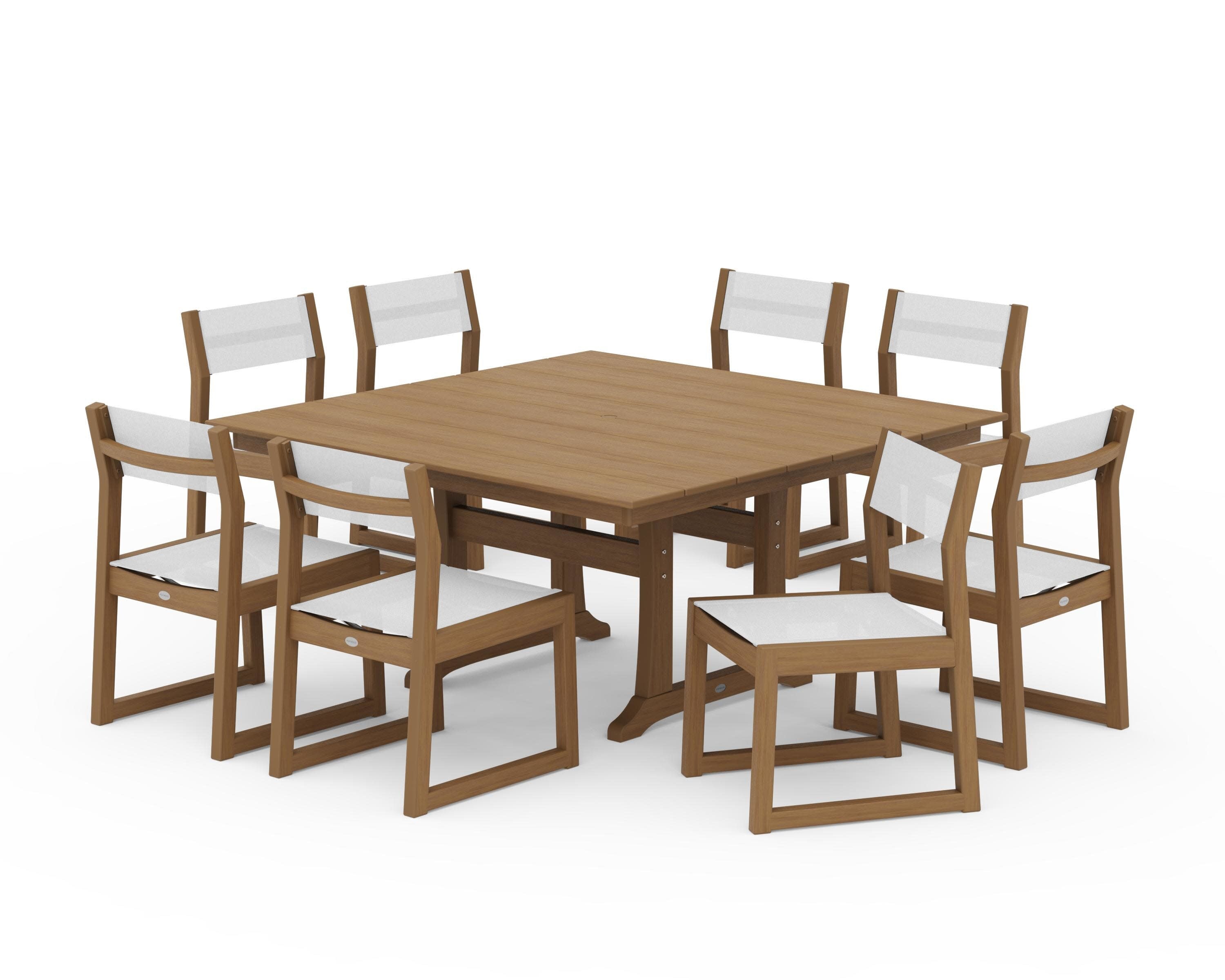 EDGE Sling Side Chair 9-Piece Farmhouse Trestle Dining Set in Natural / White Sling