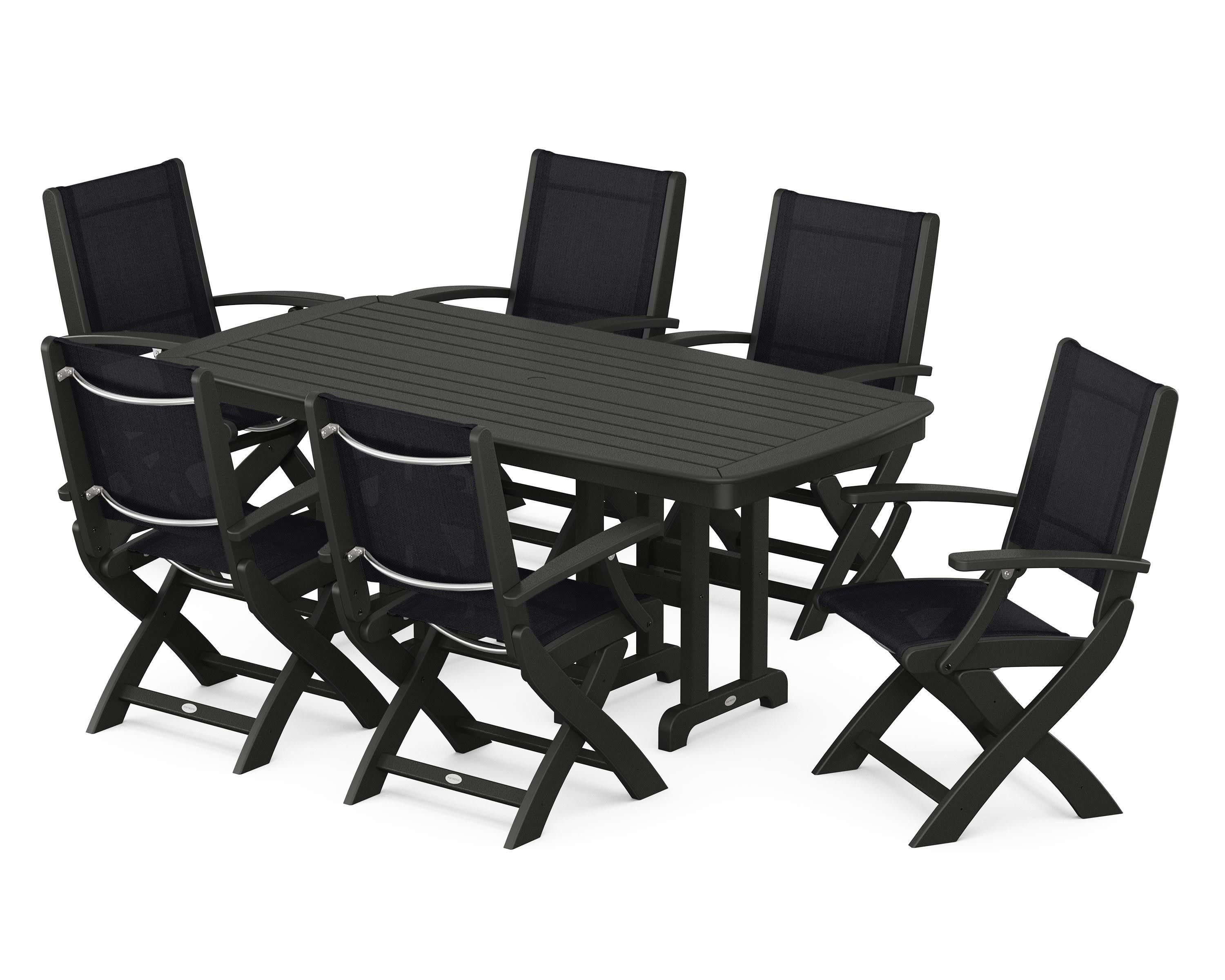Coastal Folding Arm Chair 7-Piece Dining Set in Black / Black Sling