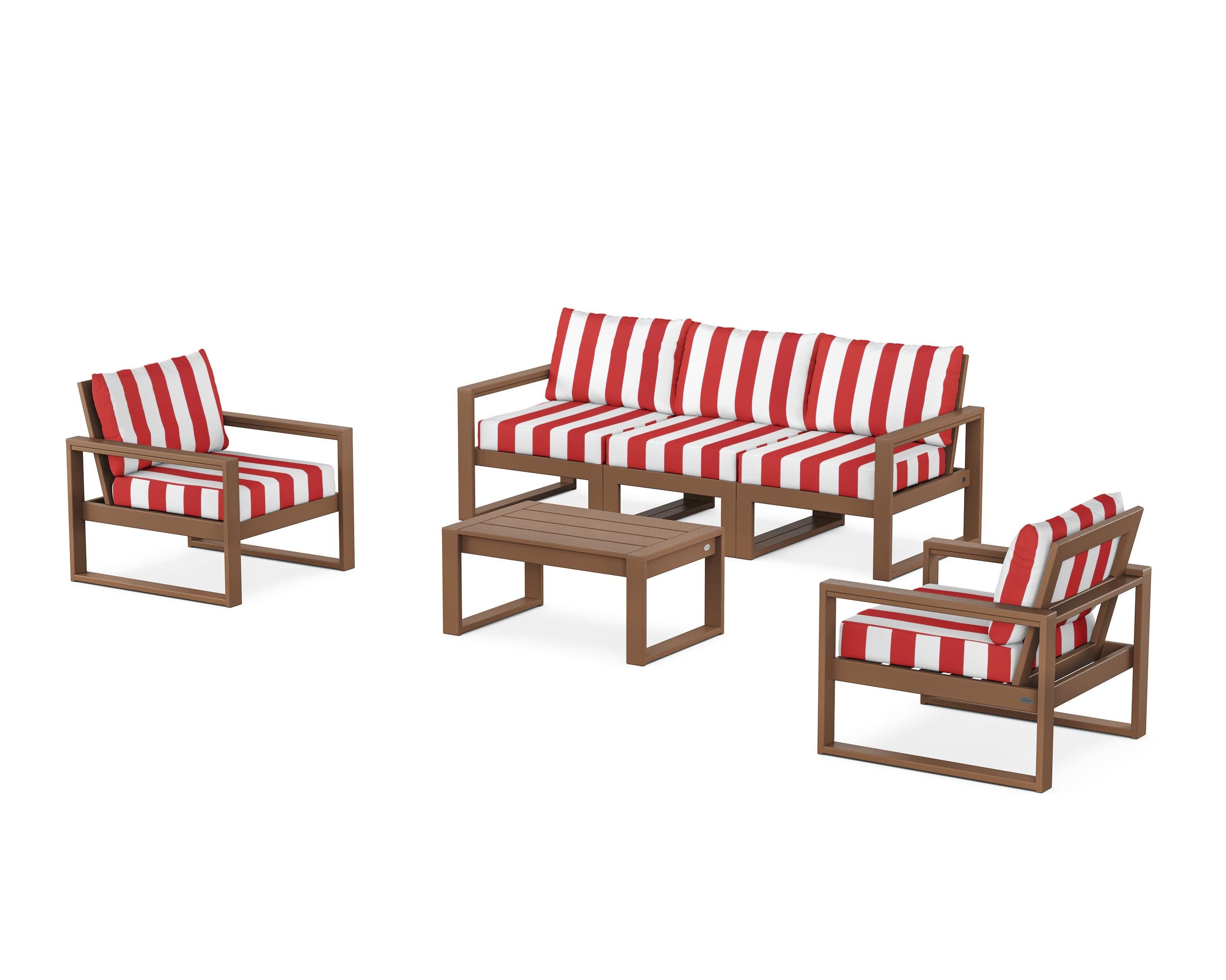 EDGE Sectional 4-Piece Deep Seating Set with Sofa in Teak / Cabana Stripe Crimson