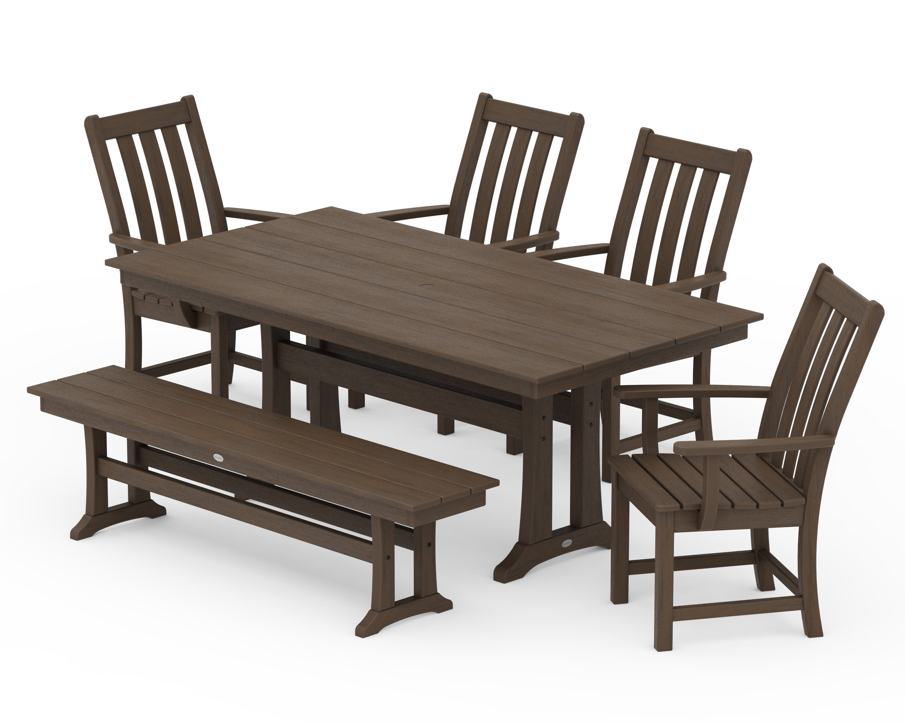 Vineyard 6-Piece Arm Chair Farmhouse Dining Set with Trestle Legs and Bench in Kona