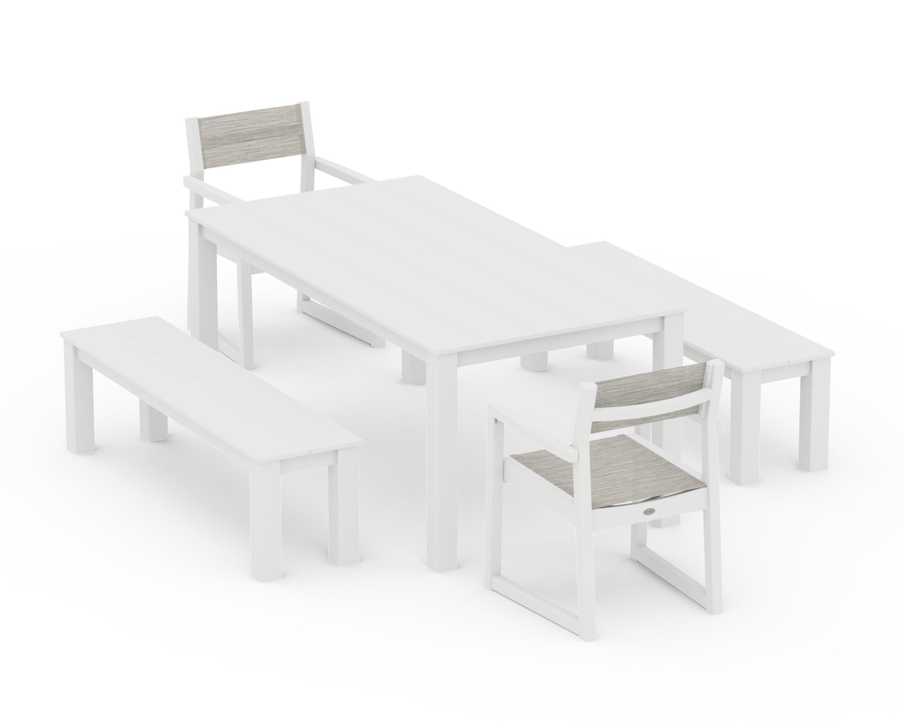 EDGE Sling Arm Chair 5-Piece Parsons Dining Set with Benches in White / Birch Sling