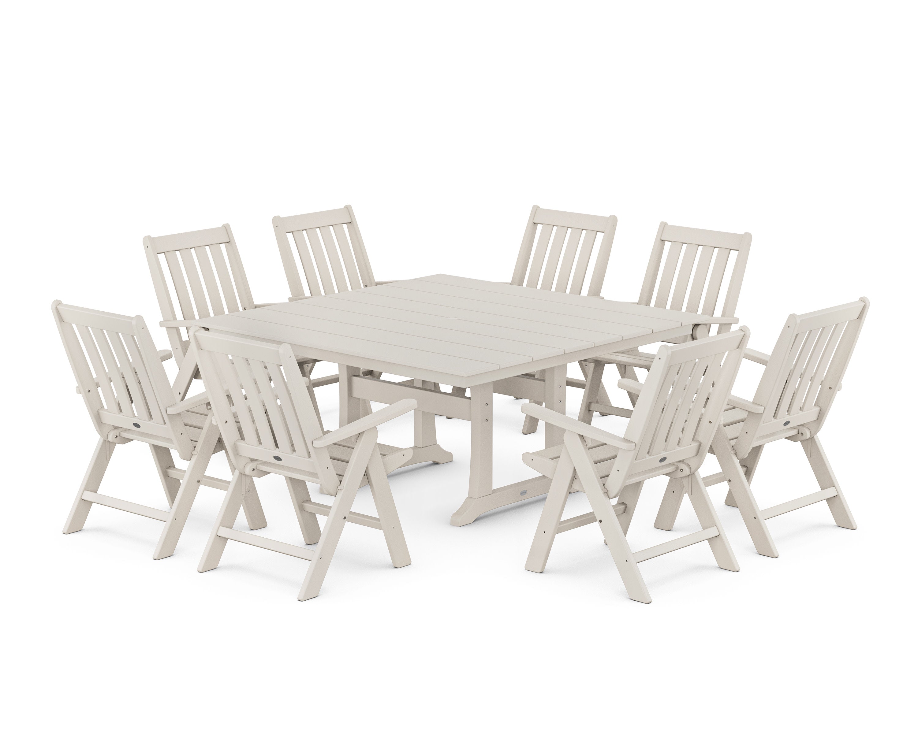 Vineyard Folding Chair 9-Piece Square Farmhouse Dining Set with Trestle Legs in Sand