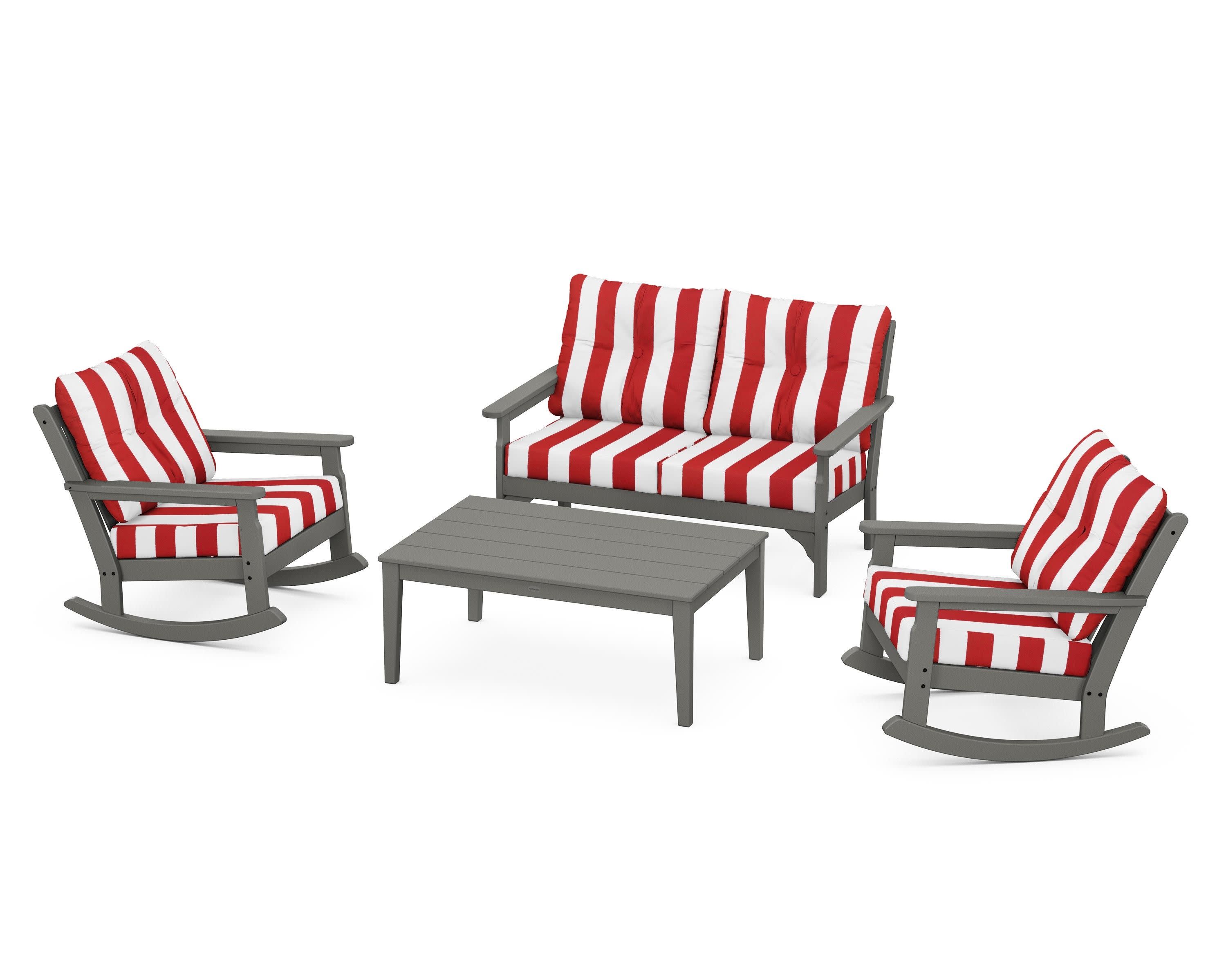 Vineyard 4-Piece Deep Seating Rocking Chair Set in Slate Grey / Cabana Stripe Crimson