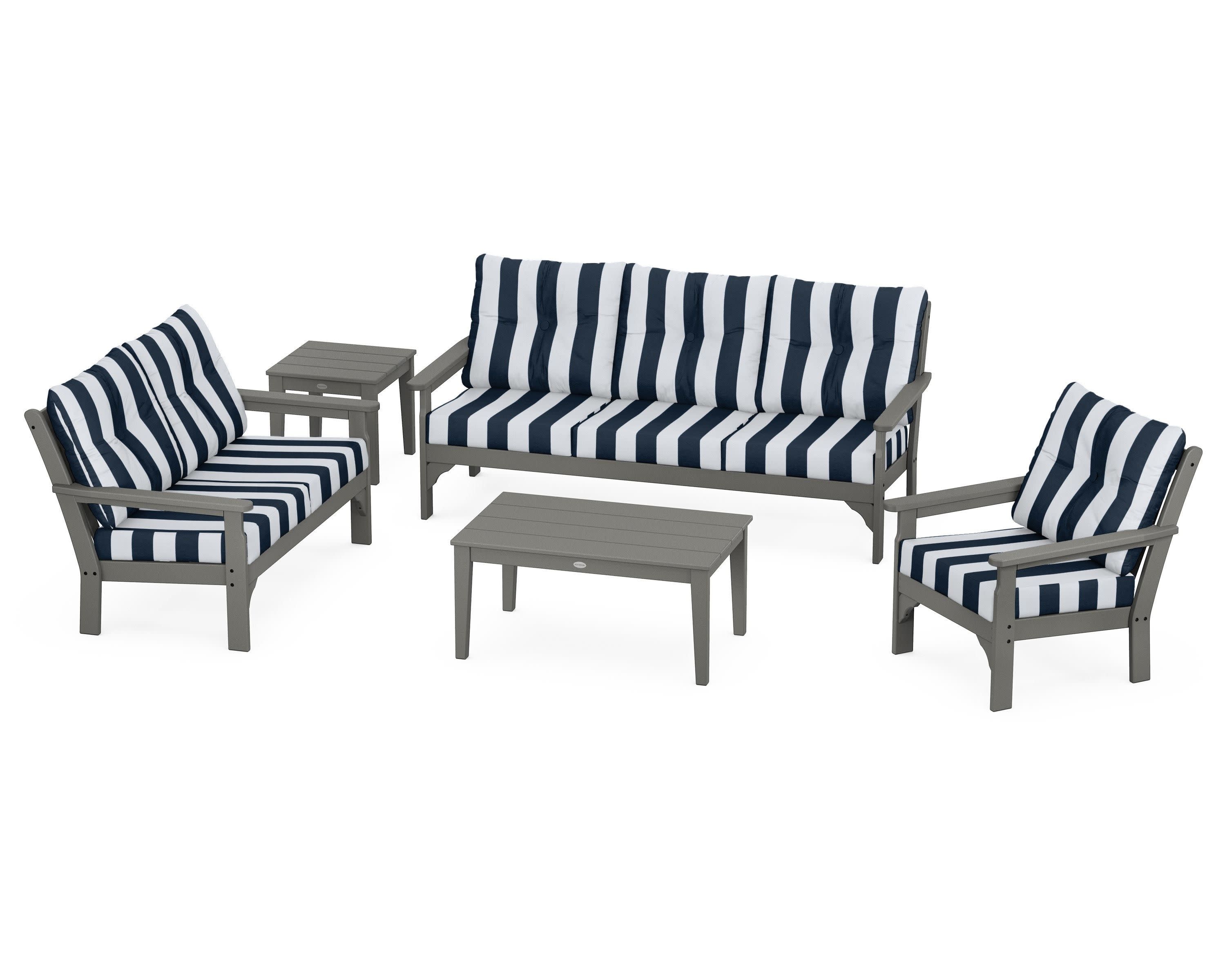 Vineyard 5 Piece Deep Seating Set in Slate Grey / Cabana Stripe Marine Indigo