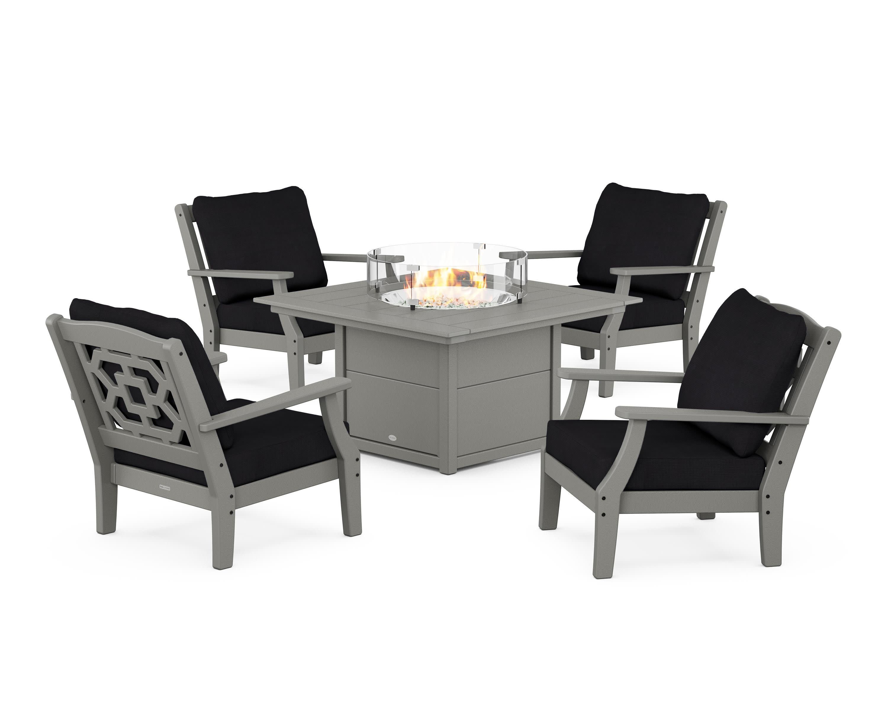 Chinoiserie 5-Piece Deep Seating Set with Fire Pit Table in Slate Grey / Midnight Linen