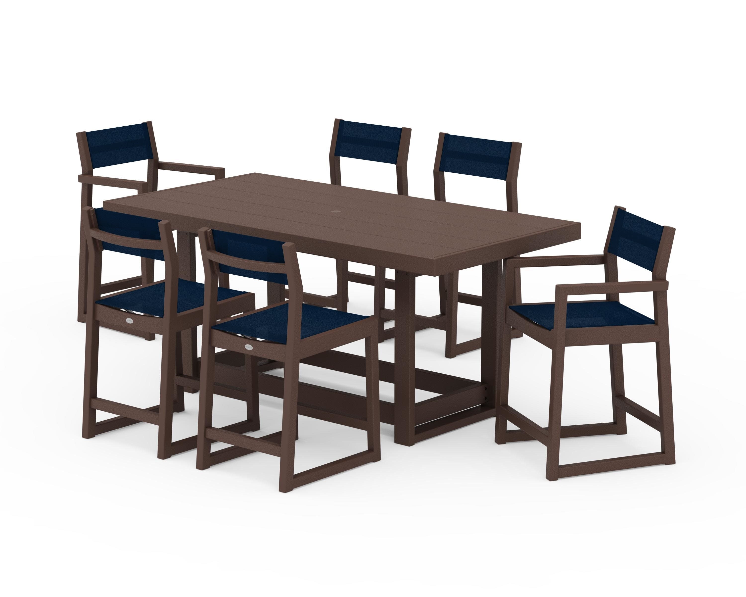 EDGE Sling 7-Piece Counter Table Set in Mahogany / Navy Blue Sling