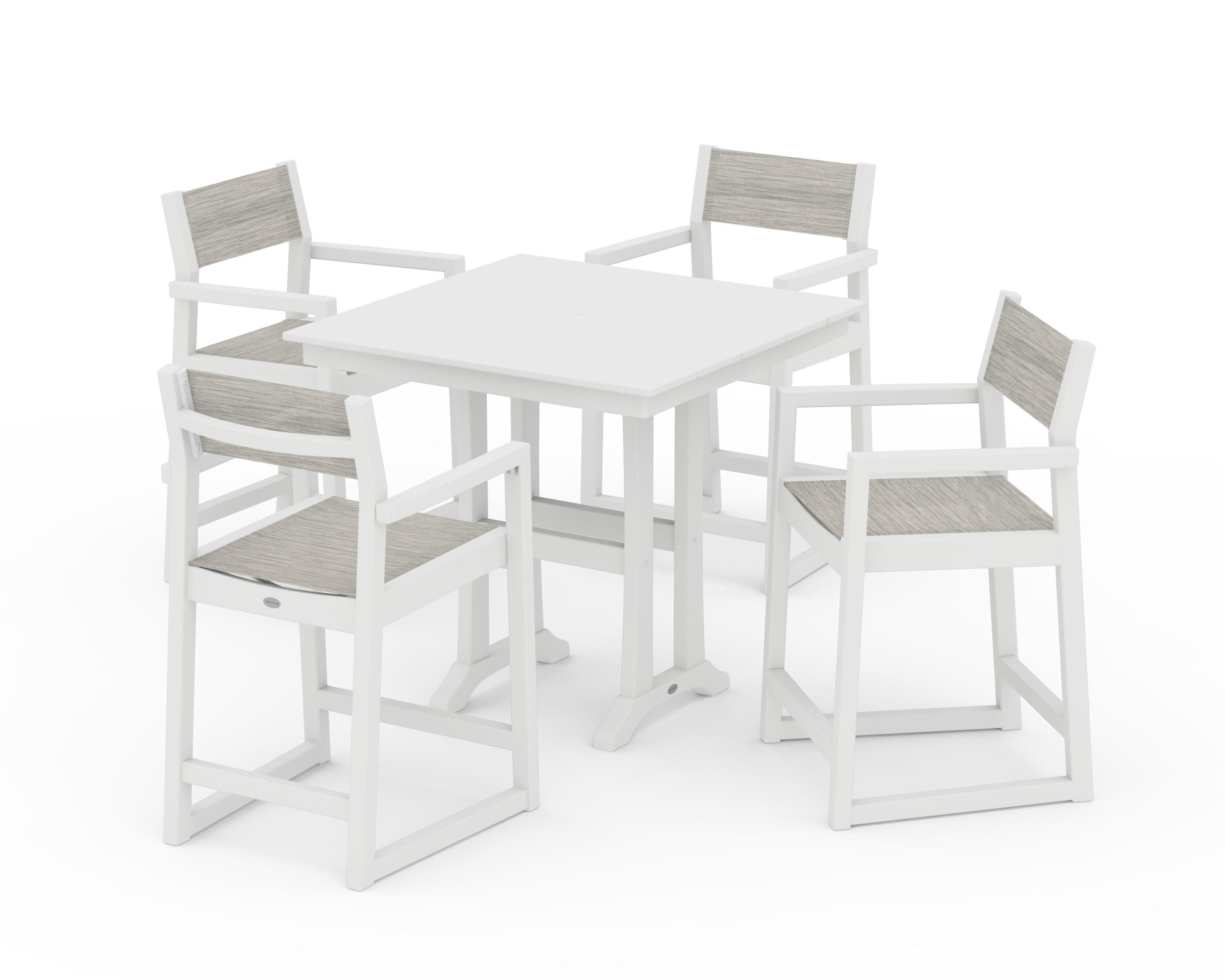 EDGE Sling Arm Chair 5-Piece Farmhouse Counter Set with Trestle Legs in White / Birch Sling
