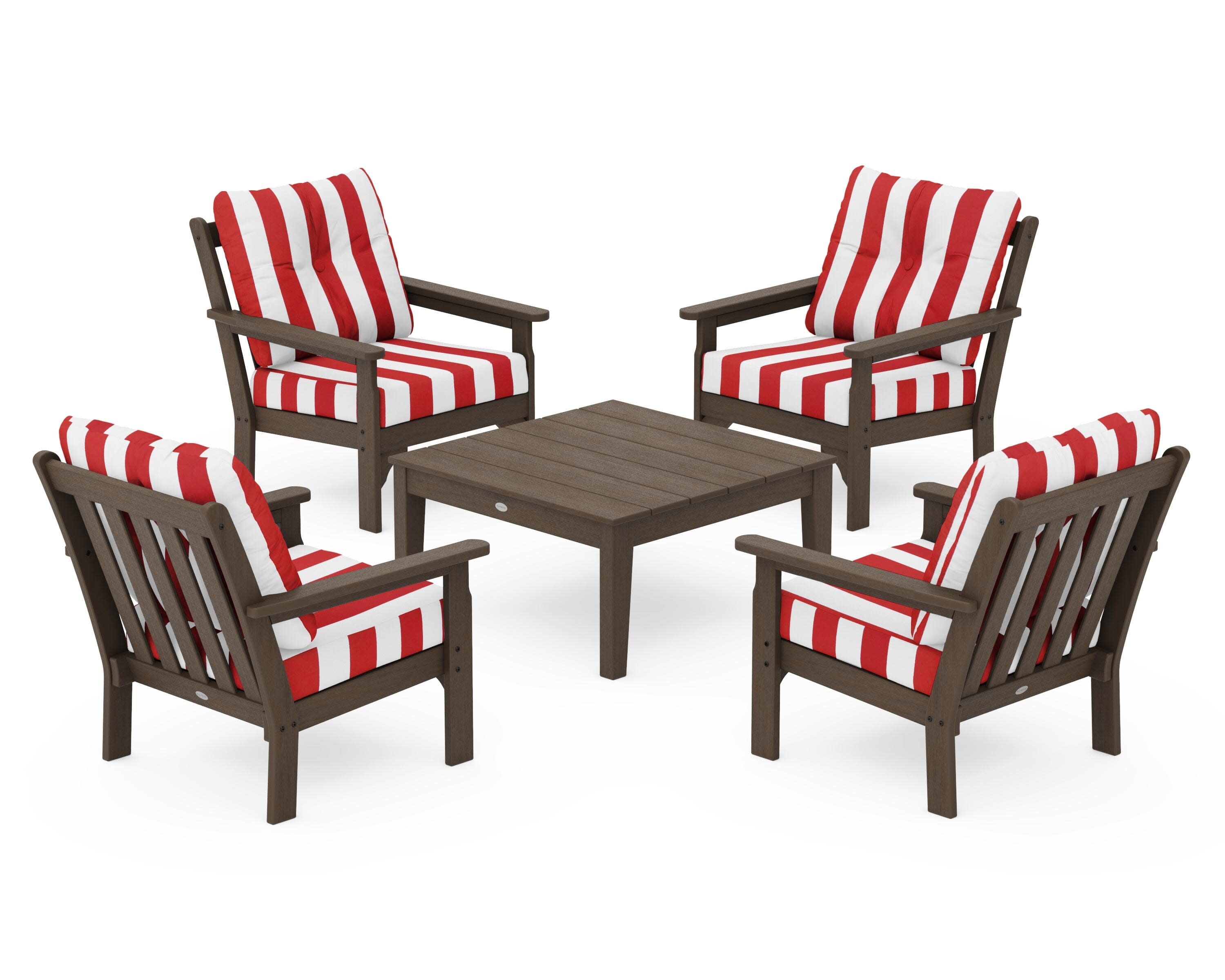 Vineyard 5-Piece Deep Seating Conversation Set in Kona / Cabana Stripe Crimson