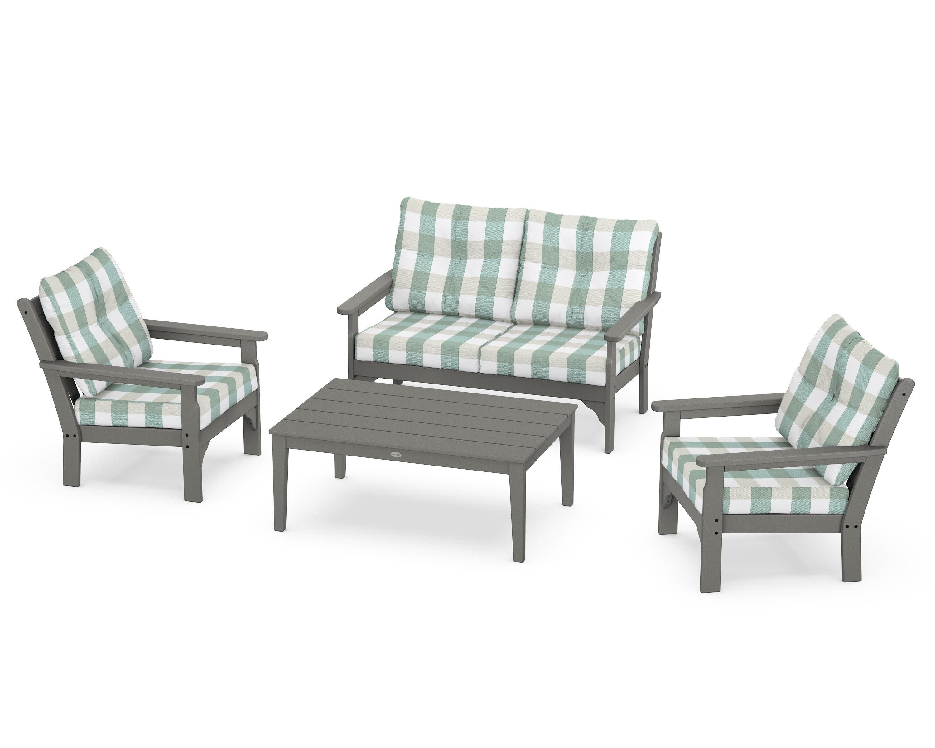 Vineyard 4-Piece Deep Seating Set in Slate Grey / Buffalo Plaid Glacier Spa