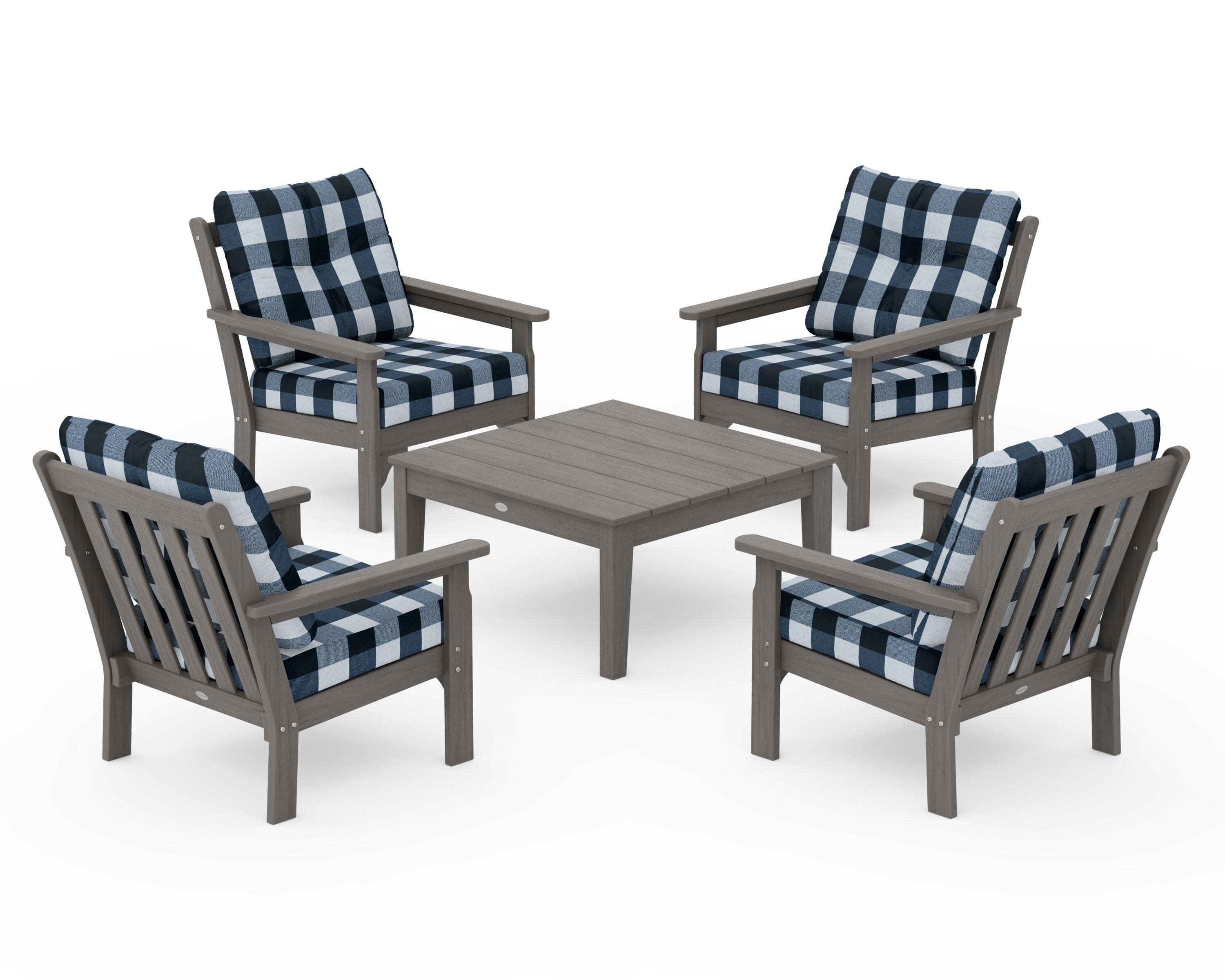 Vineyard 5-Piece Deep Seating Conversation Set in Driftwood / Buffalo Plaid Marine Indigo