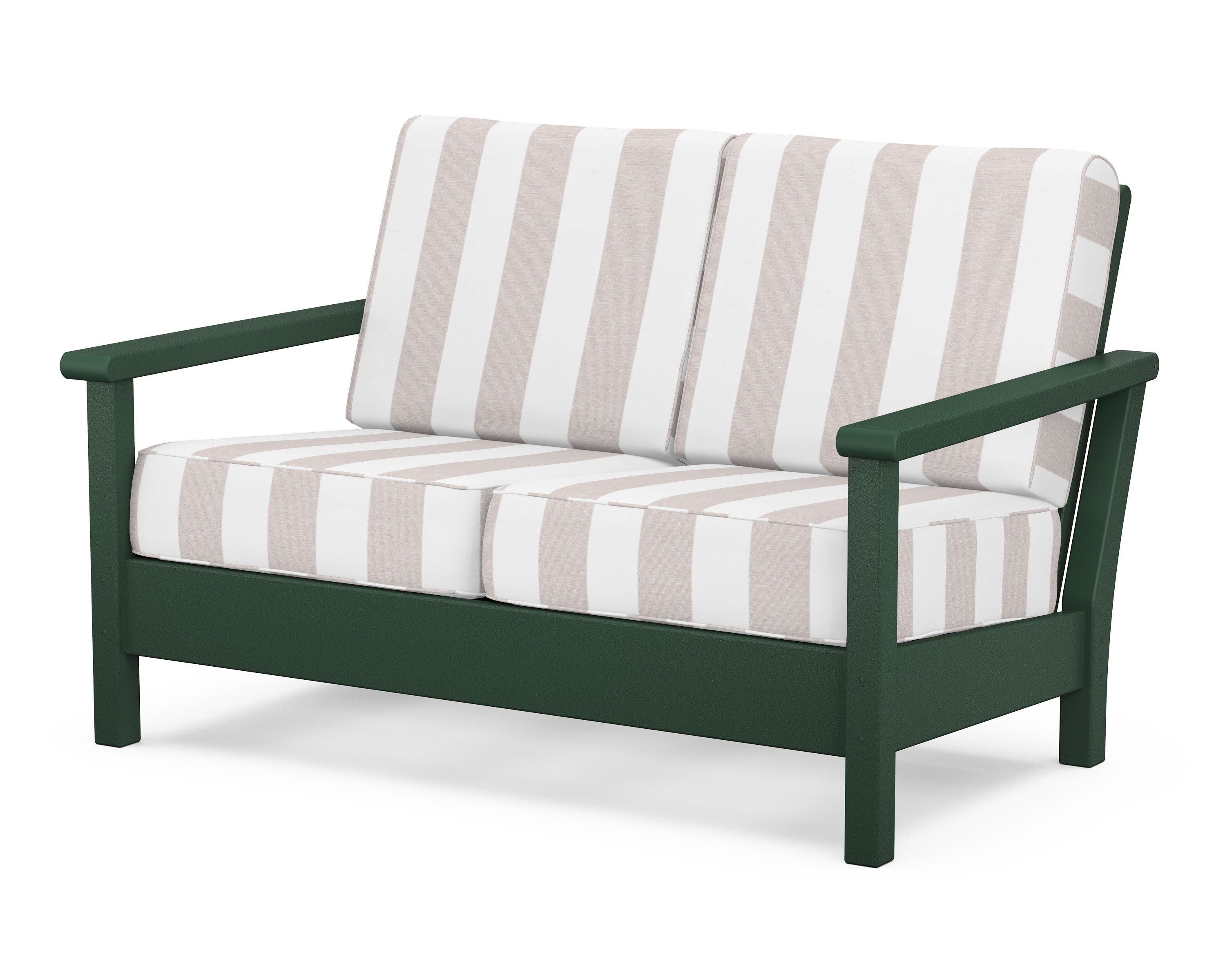 Harbour Deep Seating Loveseat in Green / Cabana Stripe Dune Burlap