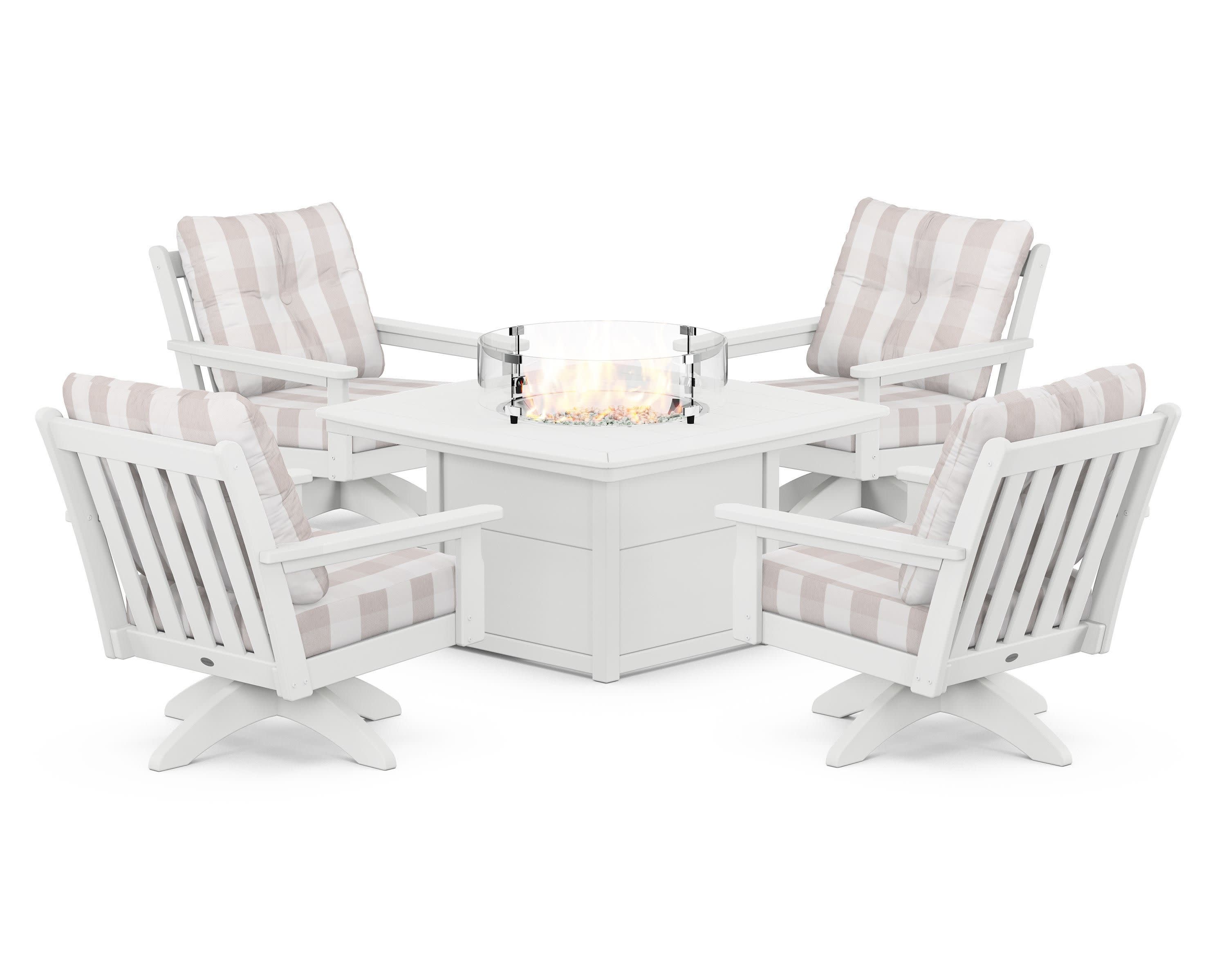 Vineyard 5-Piece Deep Seating Swivel Conversation Set with Fire Pit Table in White / Buffalo Plaid Dune Burlap